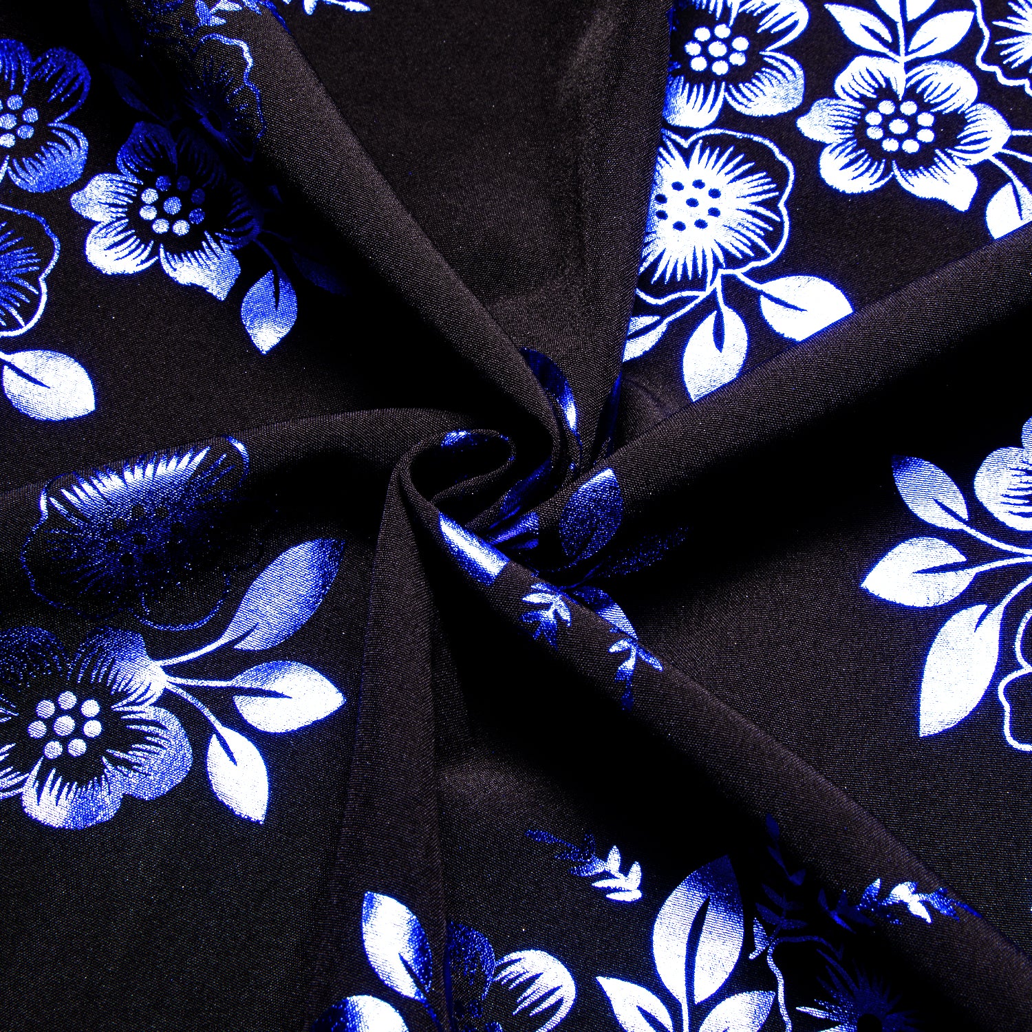 New Black Shirt with Blue Floral Silk Men's Short Sleeve Shirt