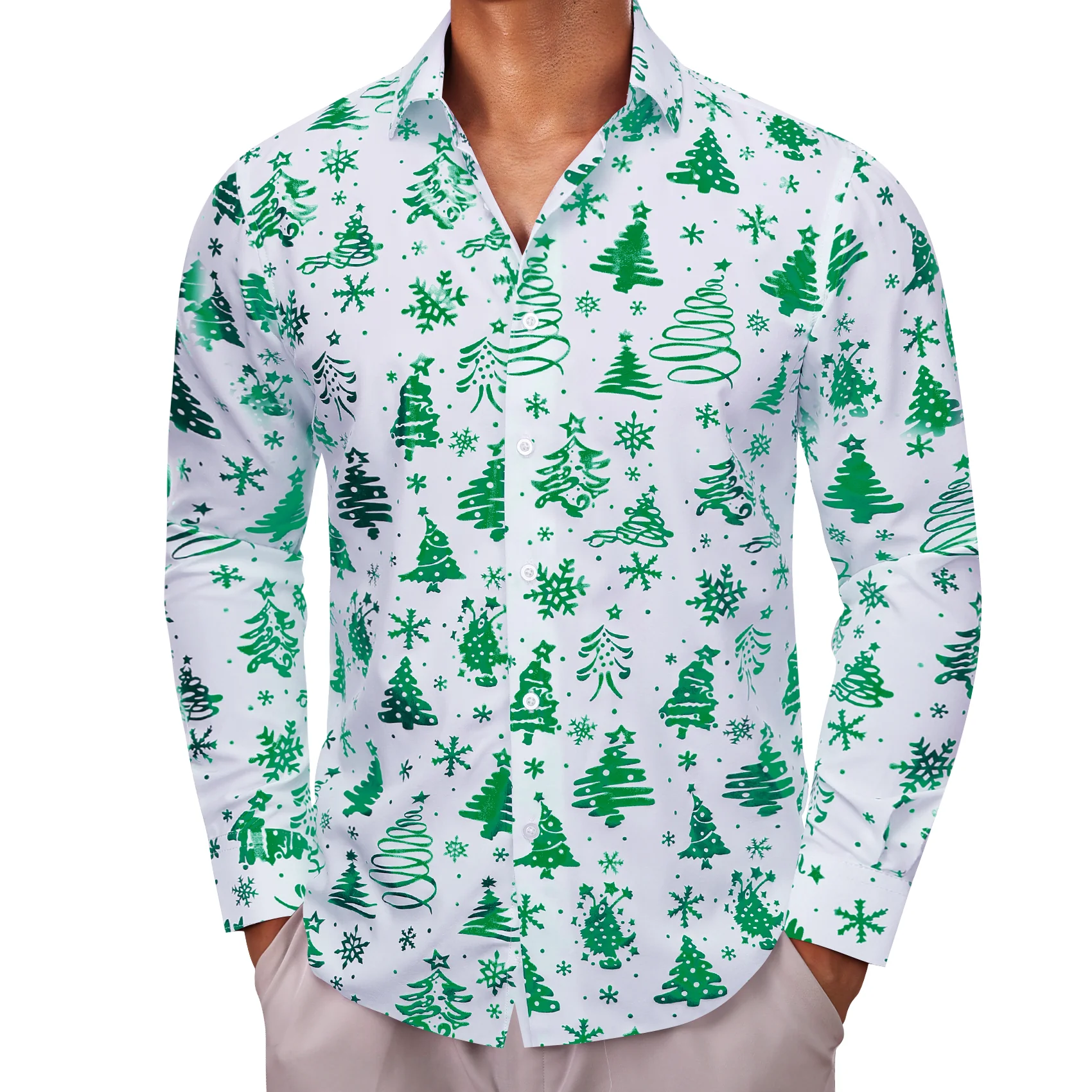 White Green Christmas Pattern Men Long Sleeve Shirt