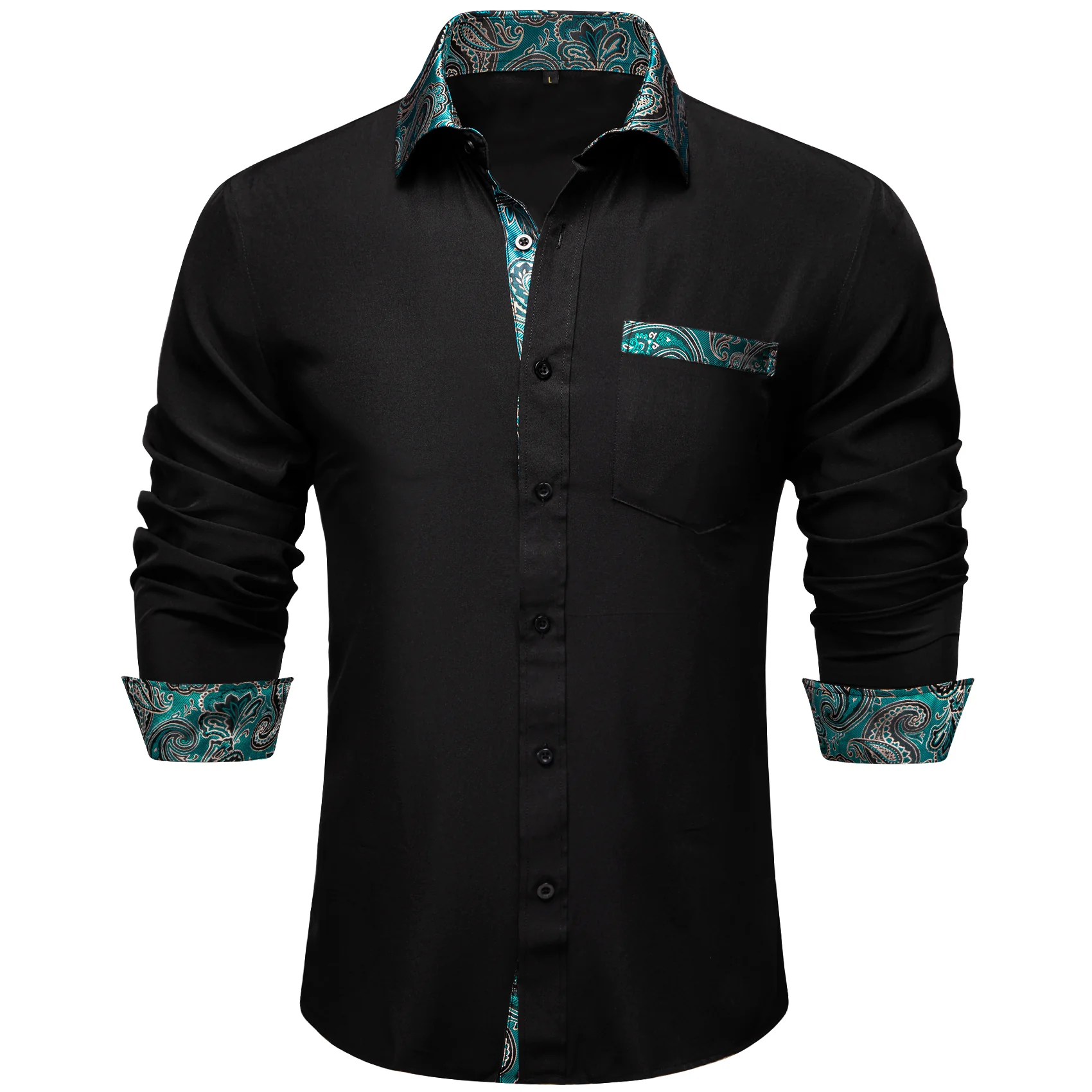 Splicing Style Black with Lake Blue Paisley Edge Men's Solid Long Sleeve Shirt