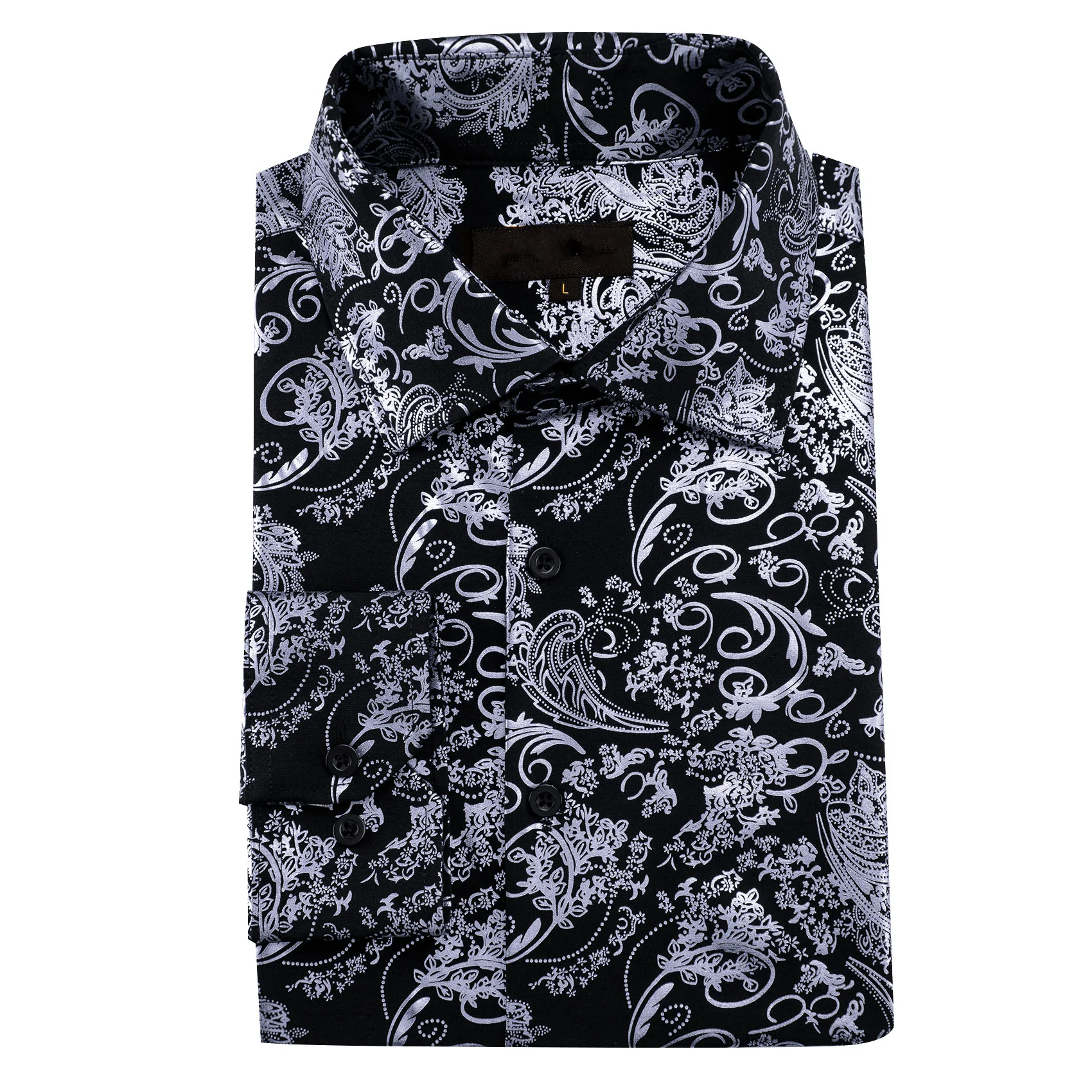 Grey Black Floral Paisley Silk Men's Long Sleeve Shirt