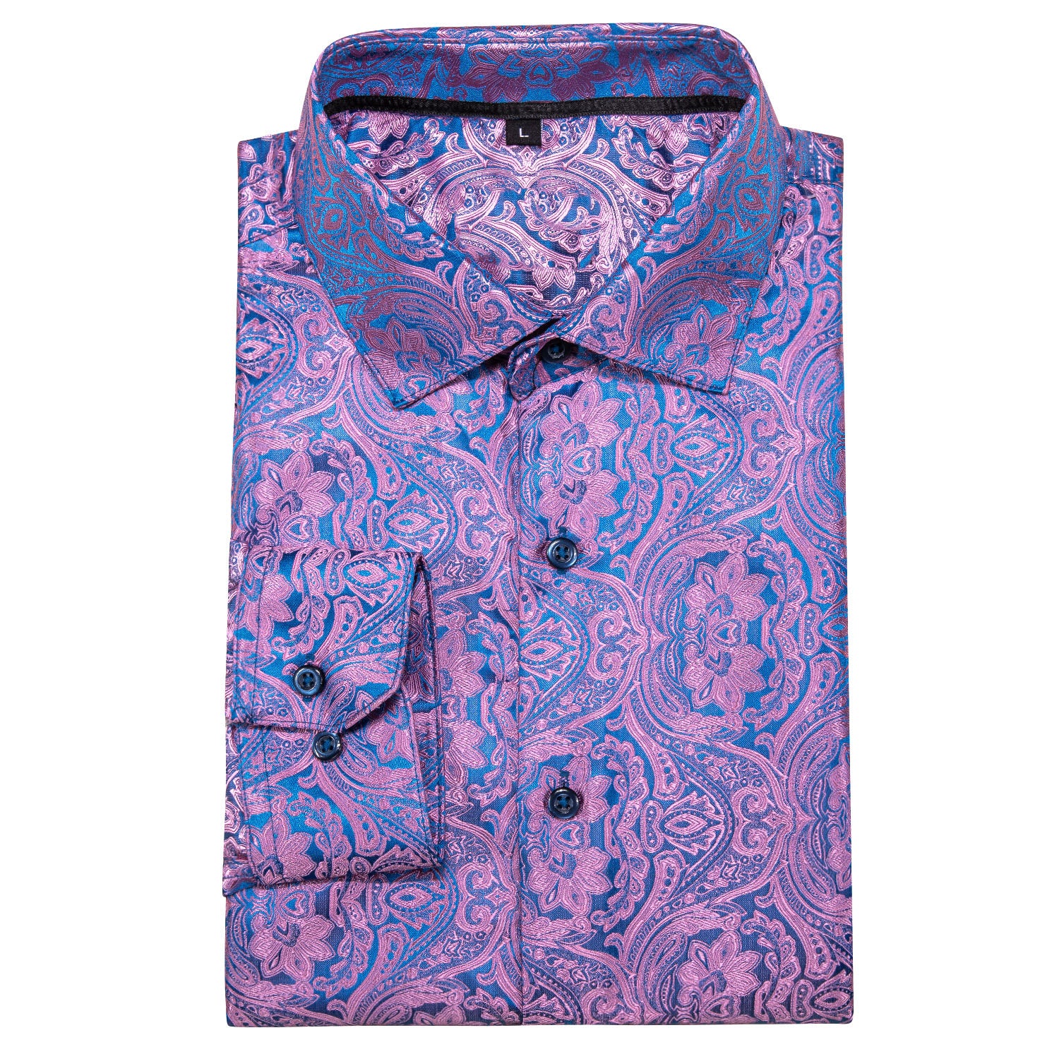 Pink Blue Paisley Pattern Silk Men's Long Sleeve Shirt