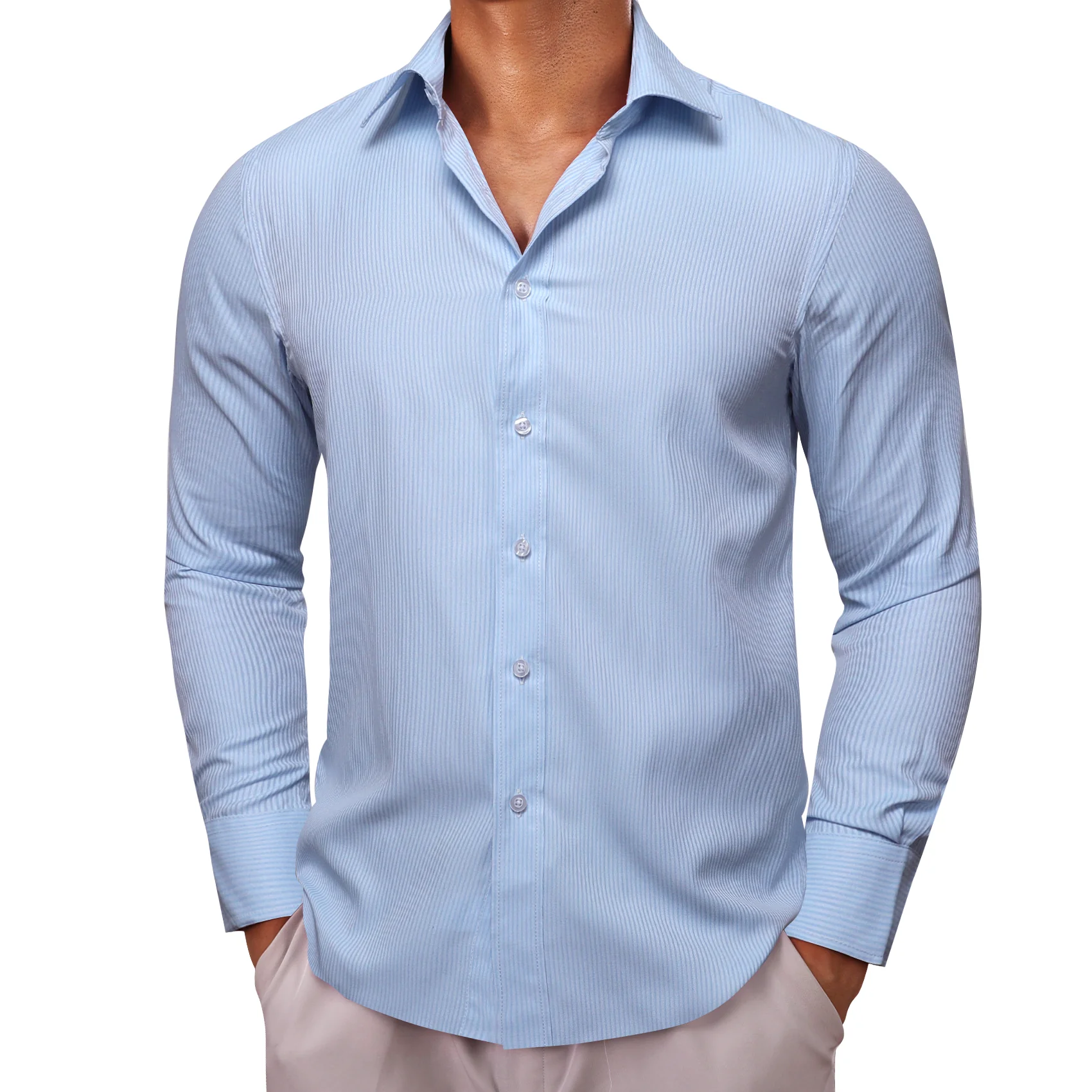 Sky Blue Solid Men's Long Sleeve Work Shirt