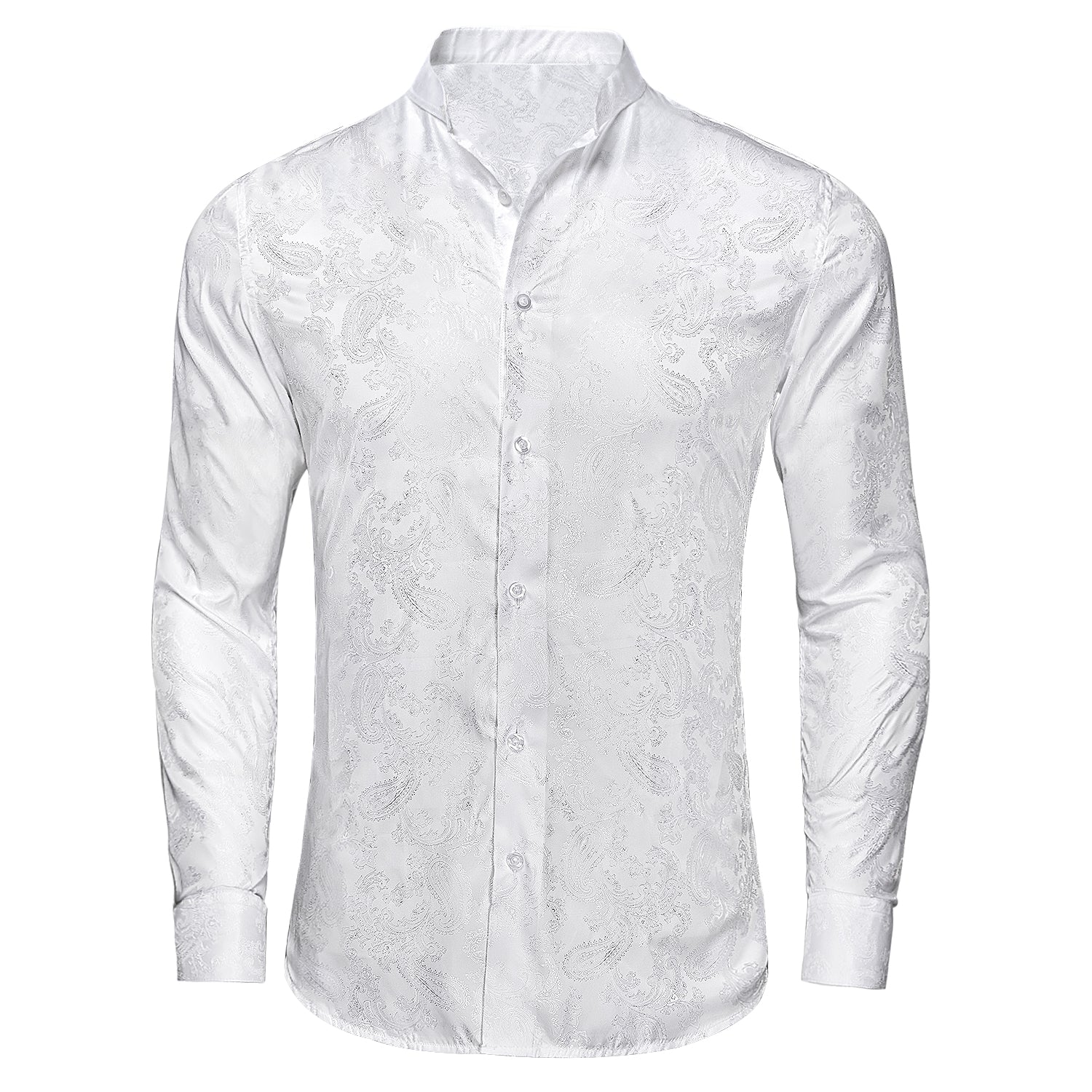Pure White Paisley Silk Men's Long Sleeve Collarless Shirt