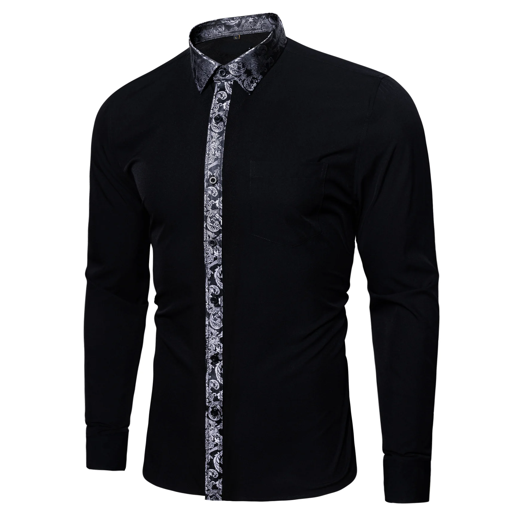 Splicing Style White with White Floral Edge Men's Long Sleeve Shirt