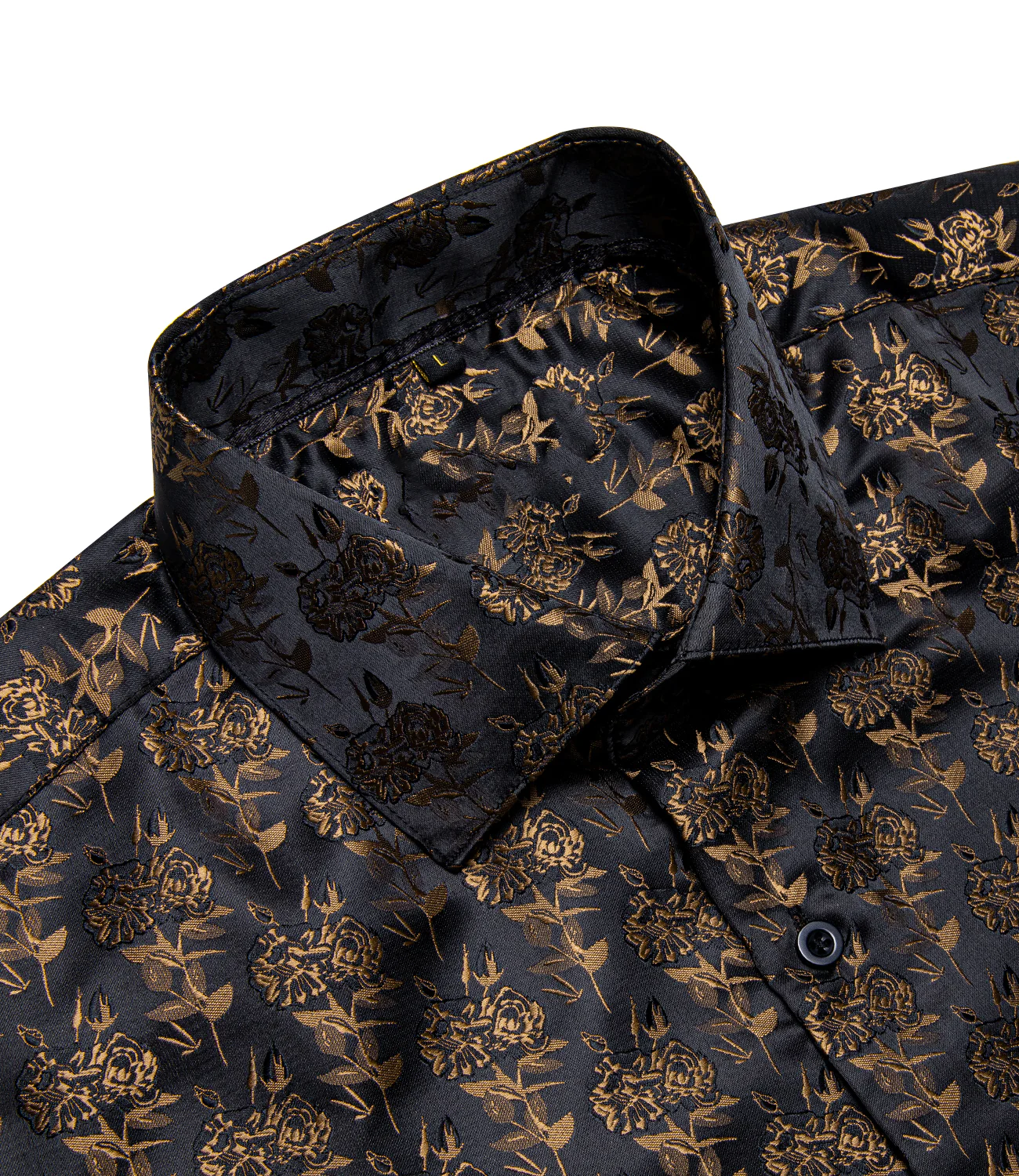 Black Brown Floral Pattern Silk Men's Long Sleeve Shirt
