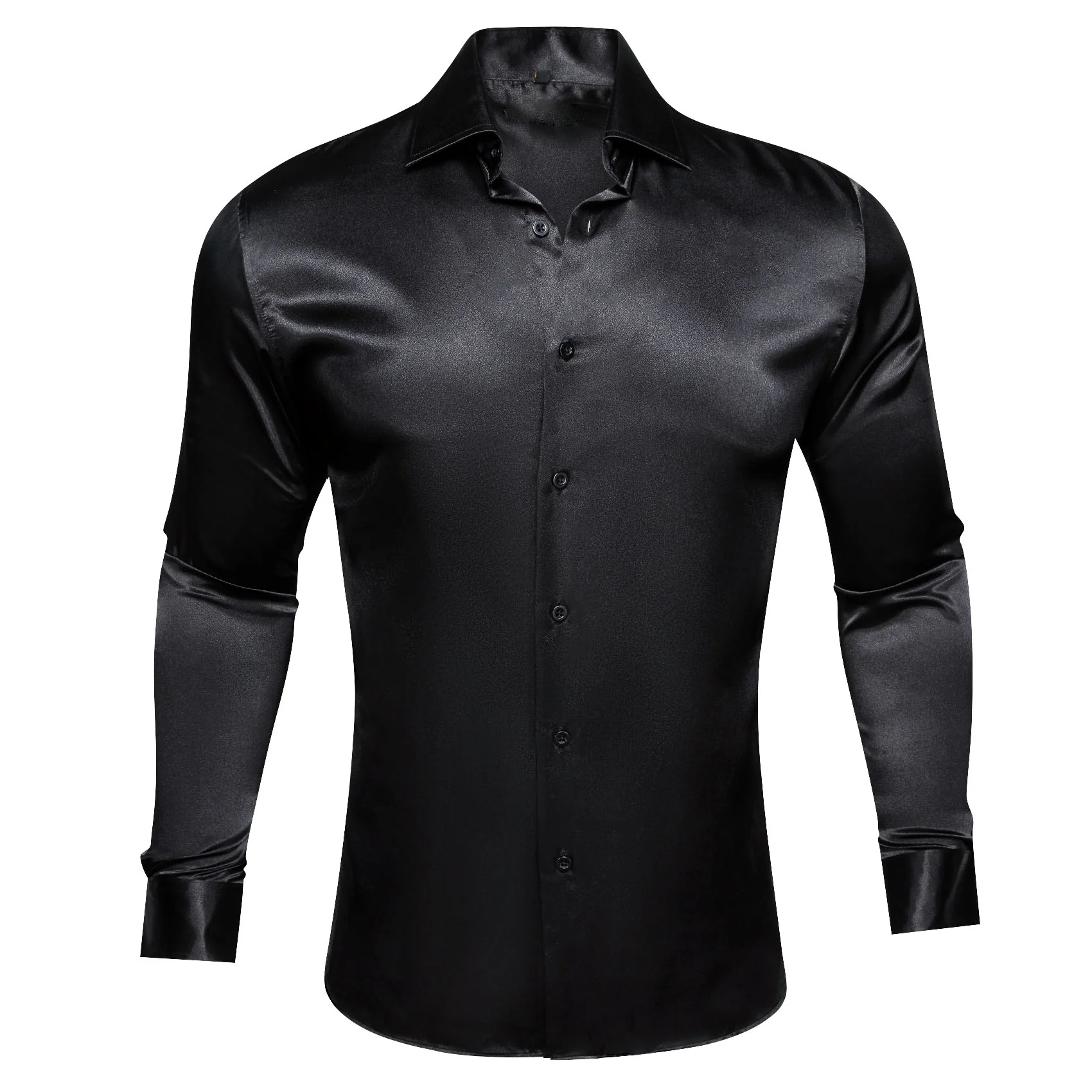Black Solid Silk Men's Long Sleeve Shirt