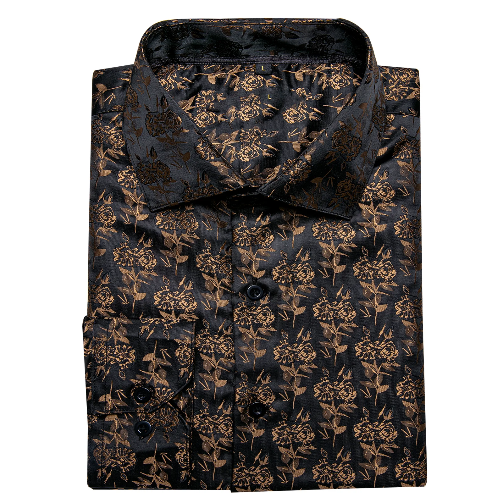 Black Brown Floral Pattern Silk Men's Long Sleeve Shirt