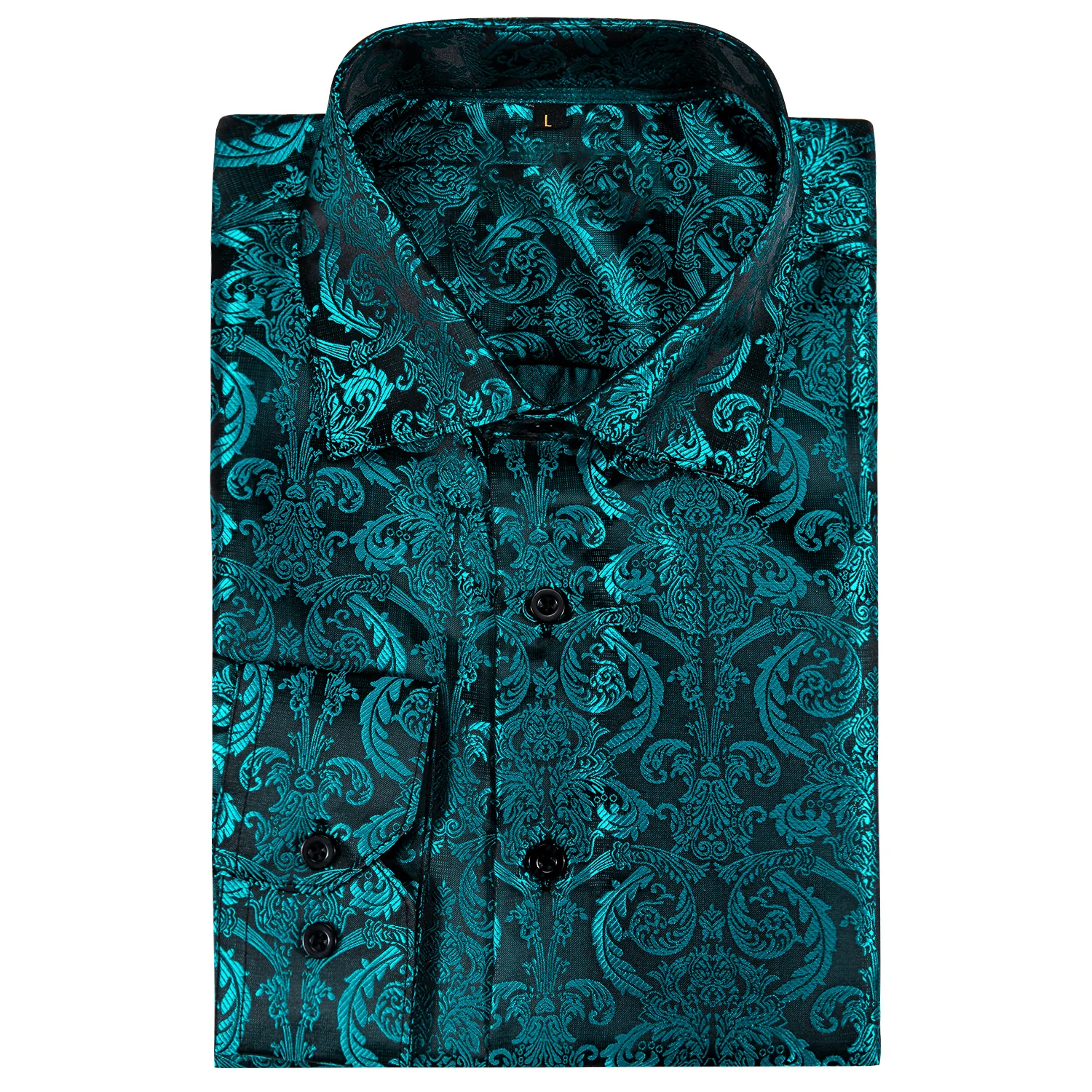 New Lake Blue Paisley Style Silk Men's Long Sleeve Shirt