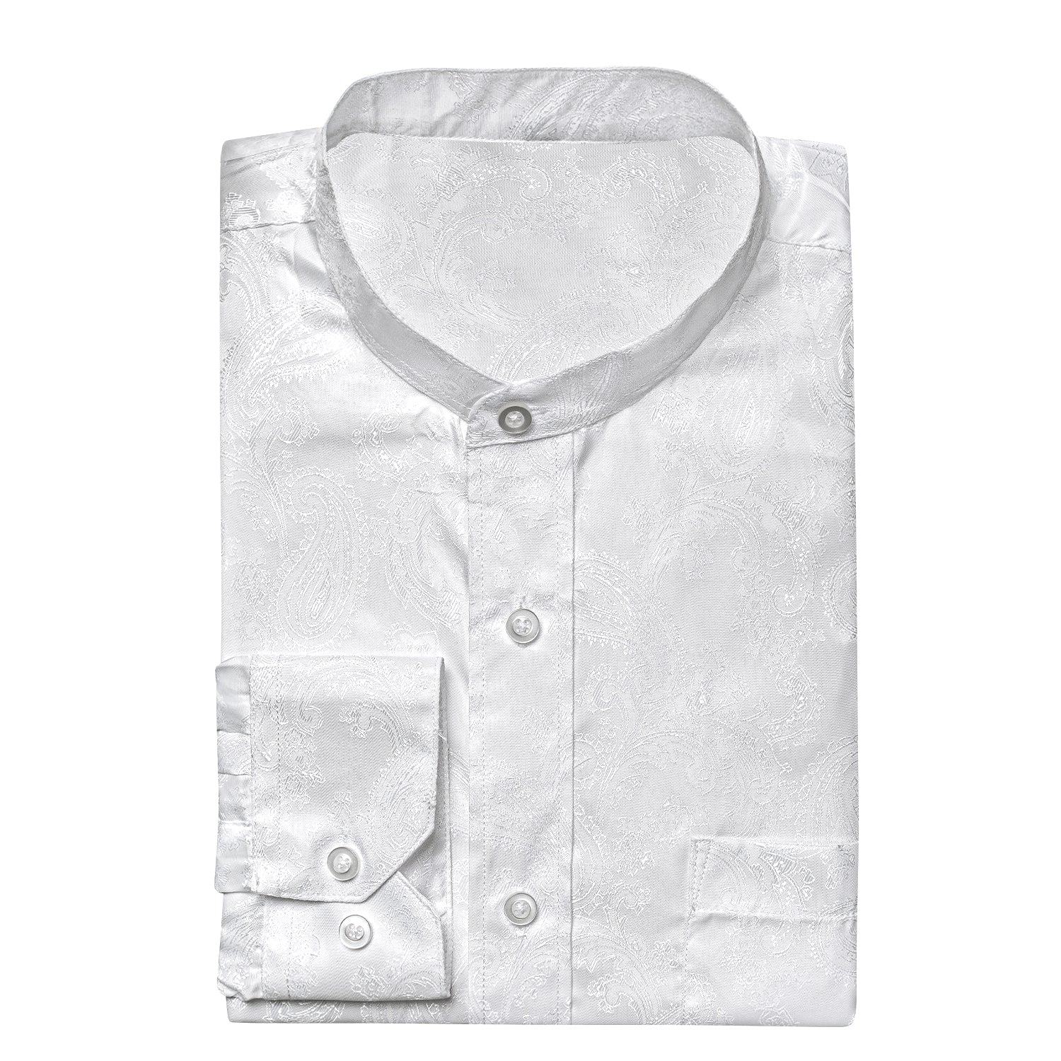 Pure White Paisley Silk Men's Long Sleeve Collarless Shirt