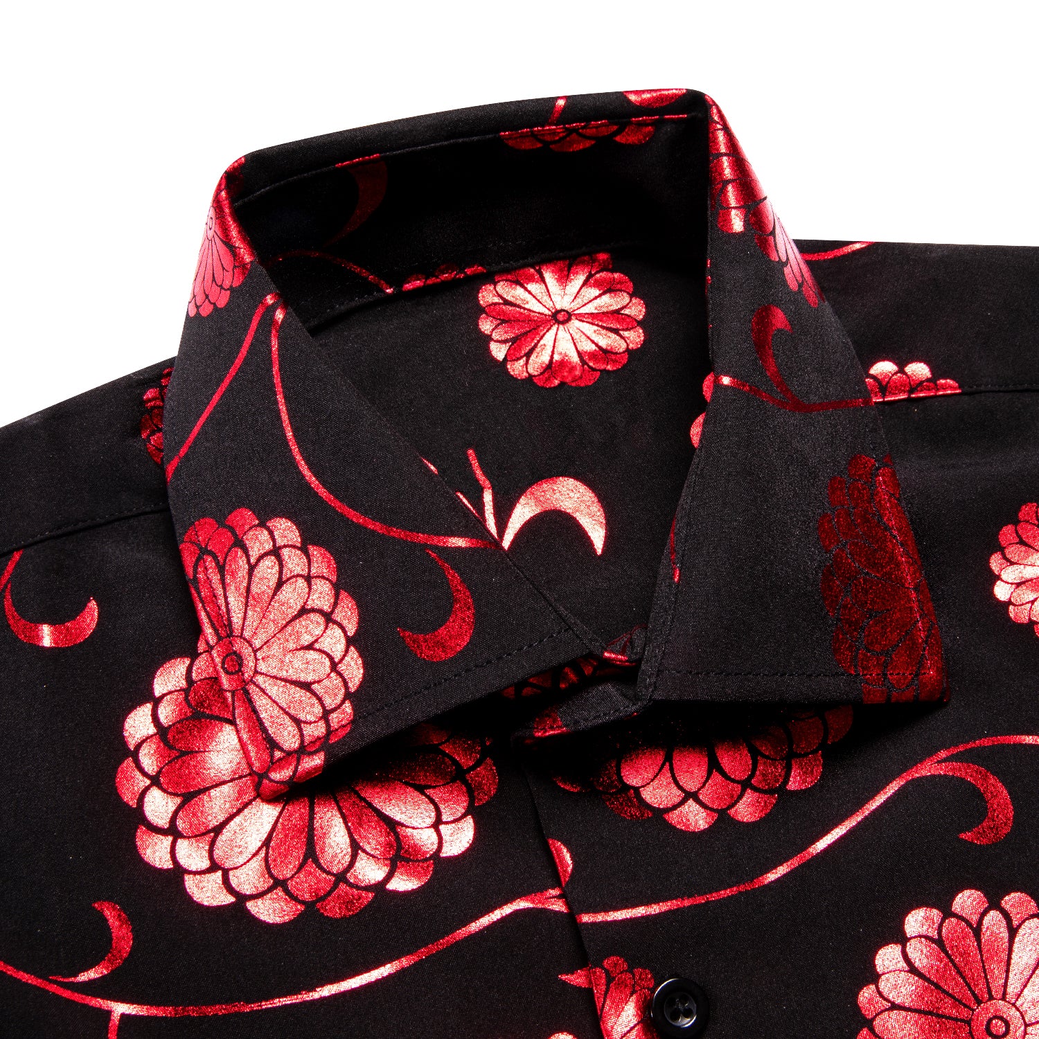 Black with Red Floral Pattern Silk Men's Long Sleeve Shirt