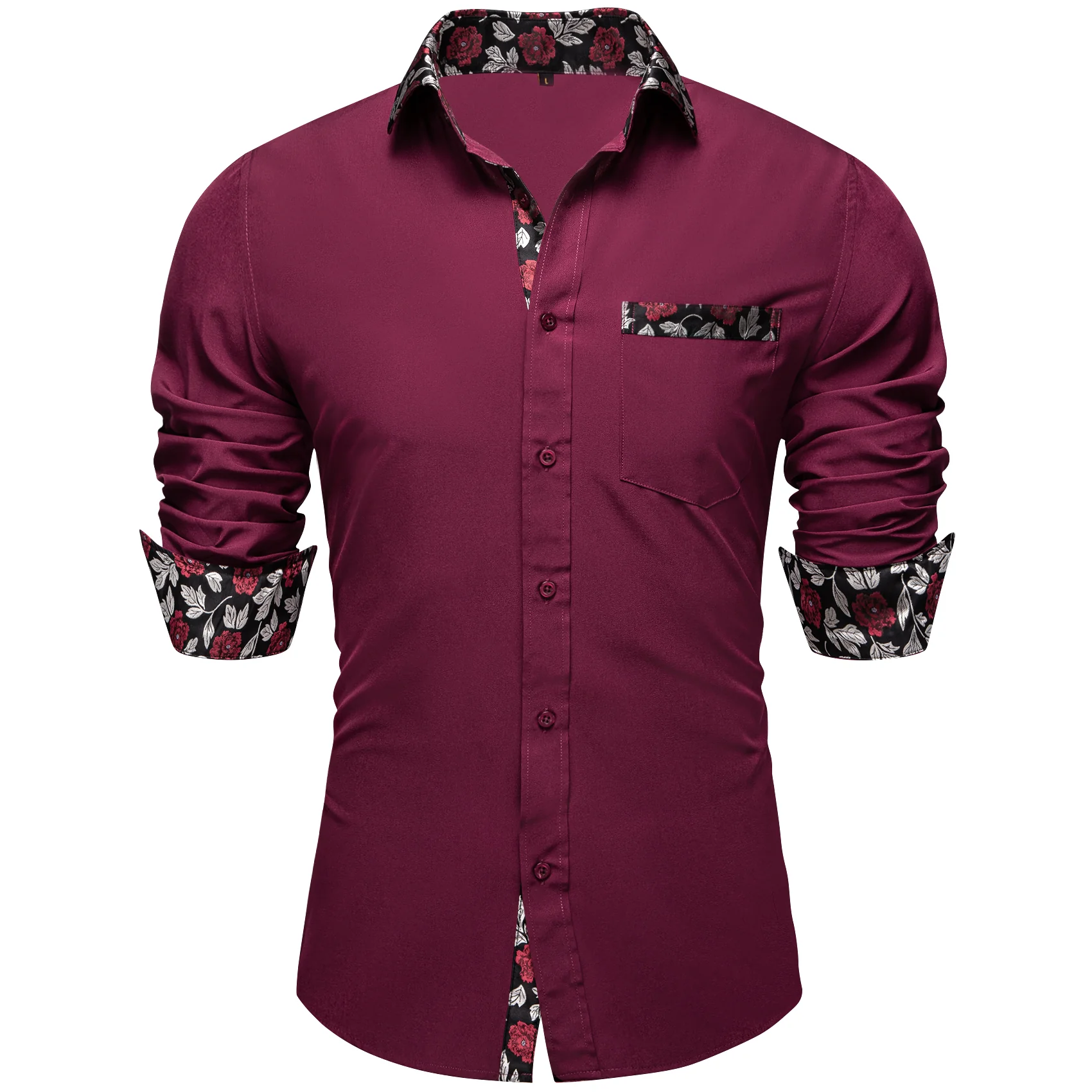 Splicing Style Burgundy Red with Black Floral Edge Men's Solid Long Sleeve Shirt