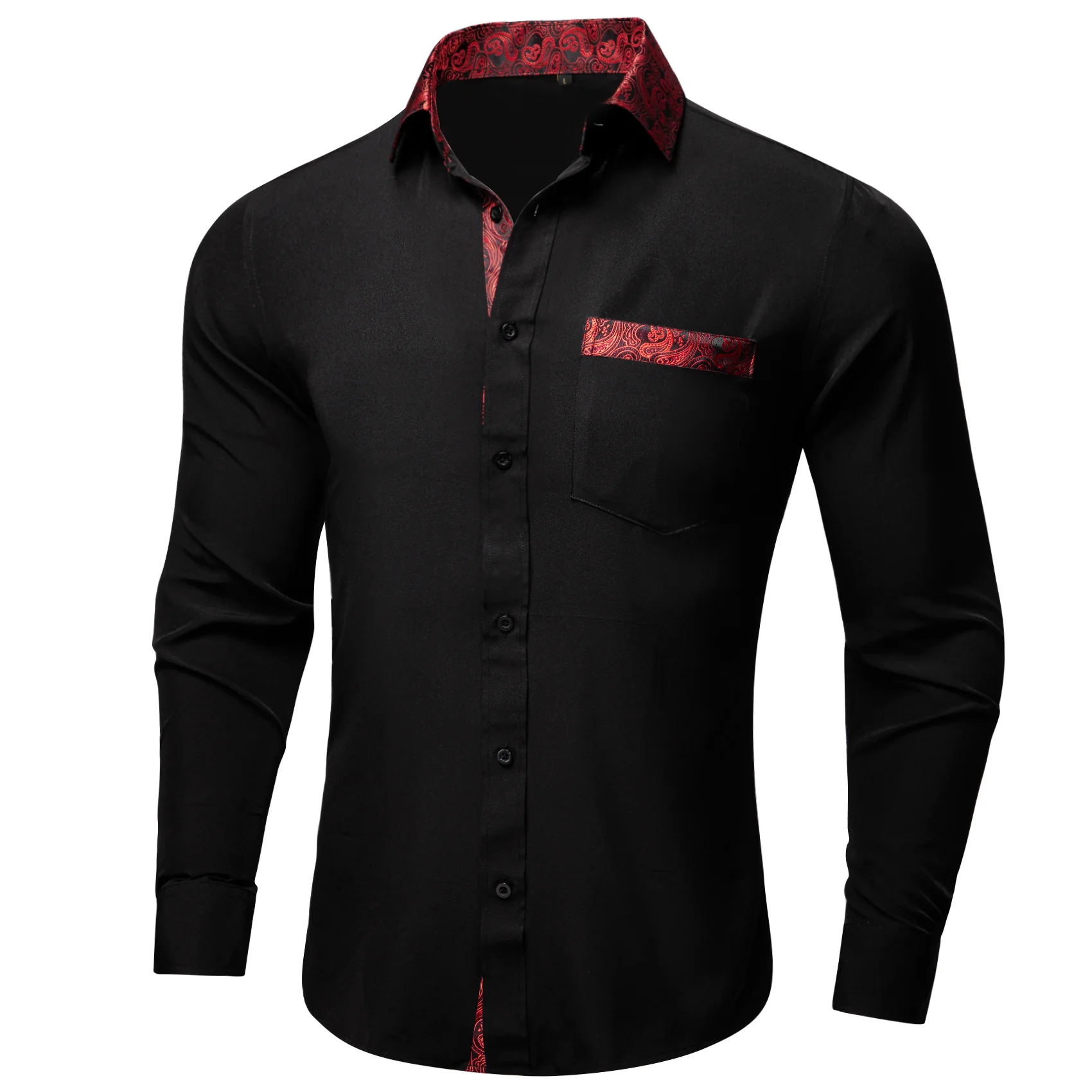 Splicing Style Black with Red Paisley Edge Men's Solid Long Sleeve Shirt