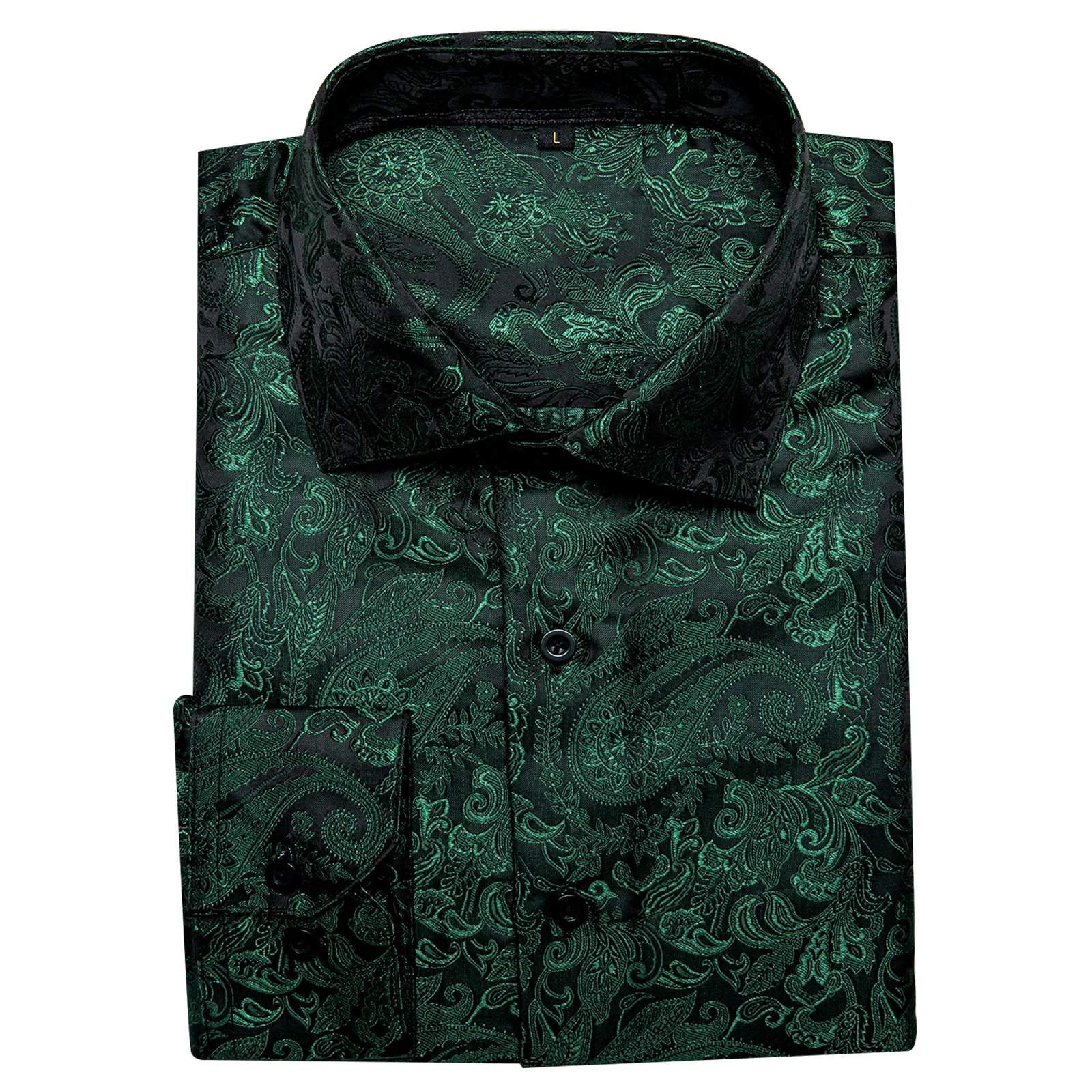 Dark Green Paisley Pattern Silk Men's Long Sleeve Shirt