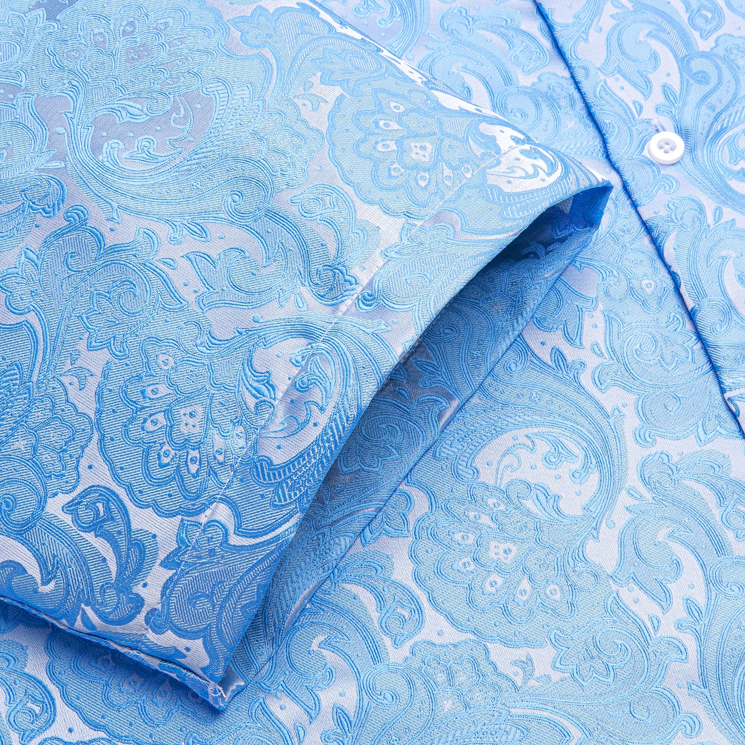 Sky Blue Paisley Flower Silk Men's Short Sleeve Shirt