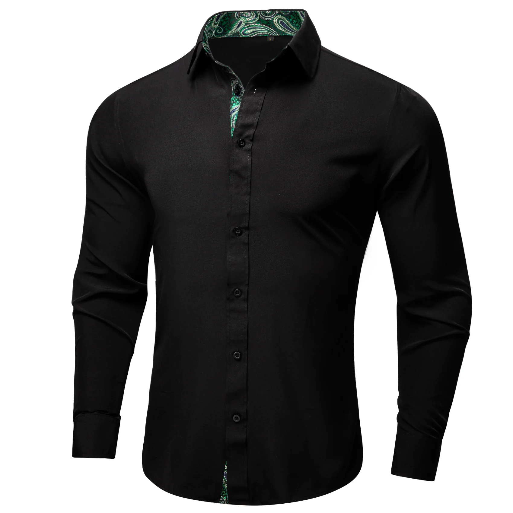 Splicing Style Black with Green Paisley Edge Men's Solid Long Sleeve Shirt