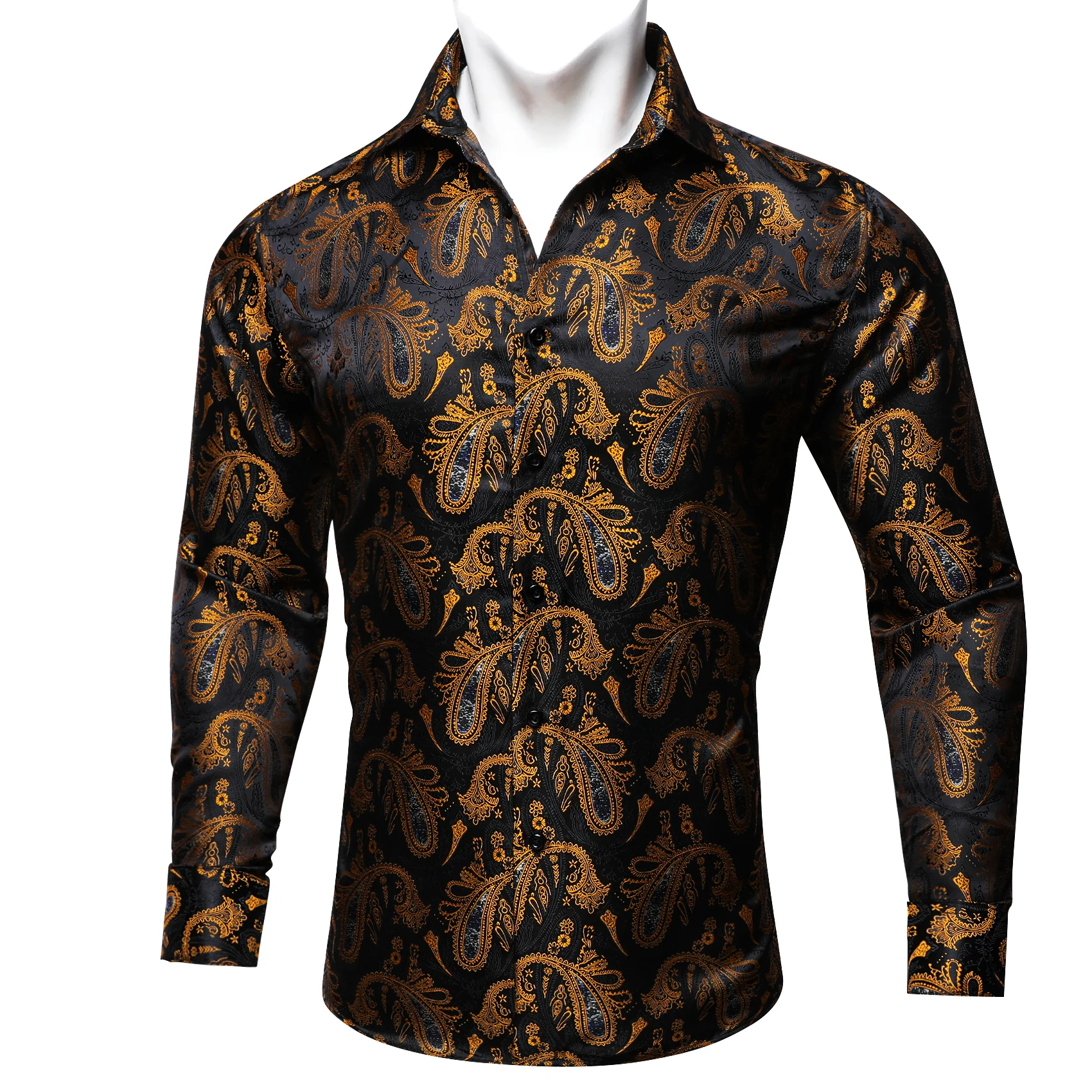 New Black Gold Paisley Silk Men's Long Sleeve Shirt