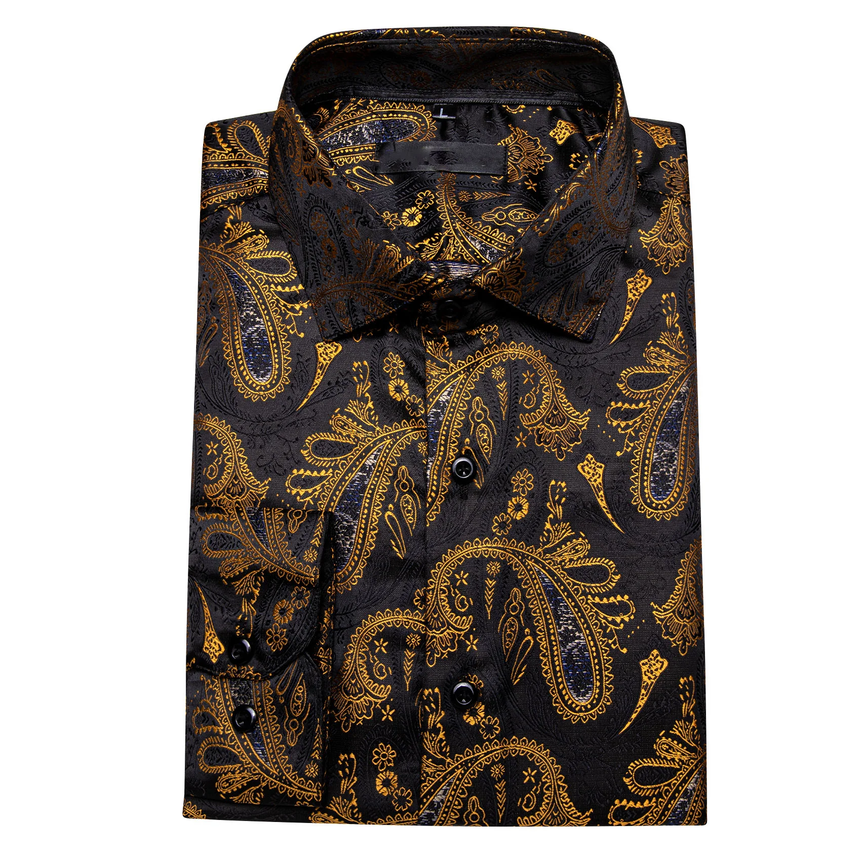 New Black Gold Paisley Silk Men's Long Sleeve Shirt