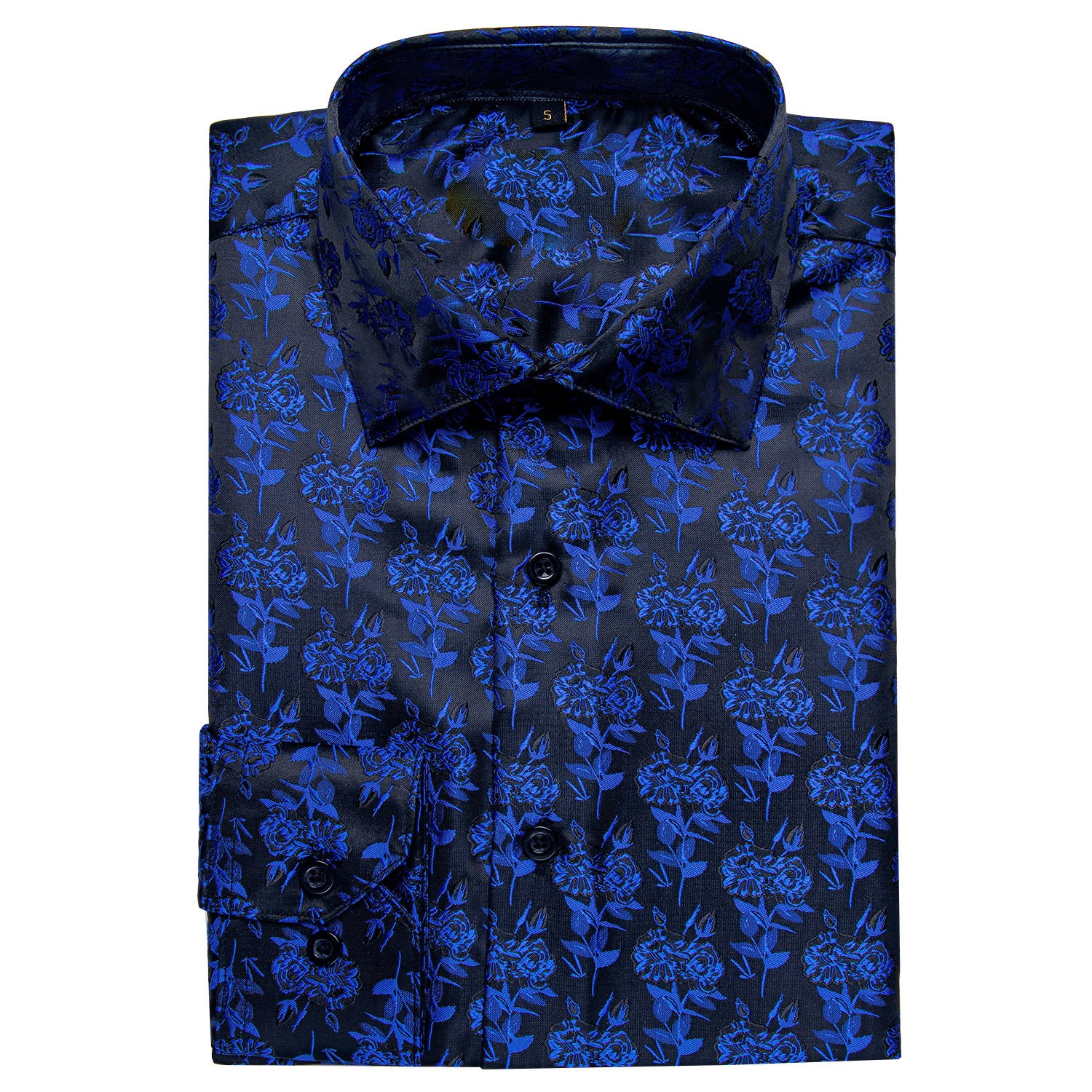 Black Blue Rose Floral Silk Men's Long Sleeve Shirt