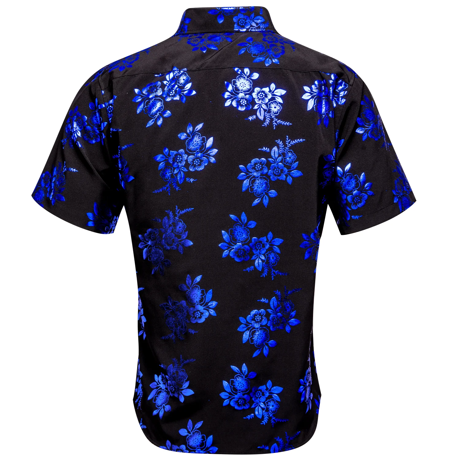 New Black Shirt with Blue Floral Silk Men's Short Sleeve Shirt