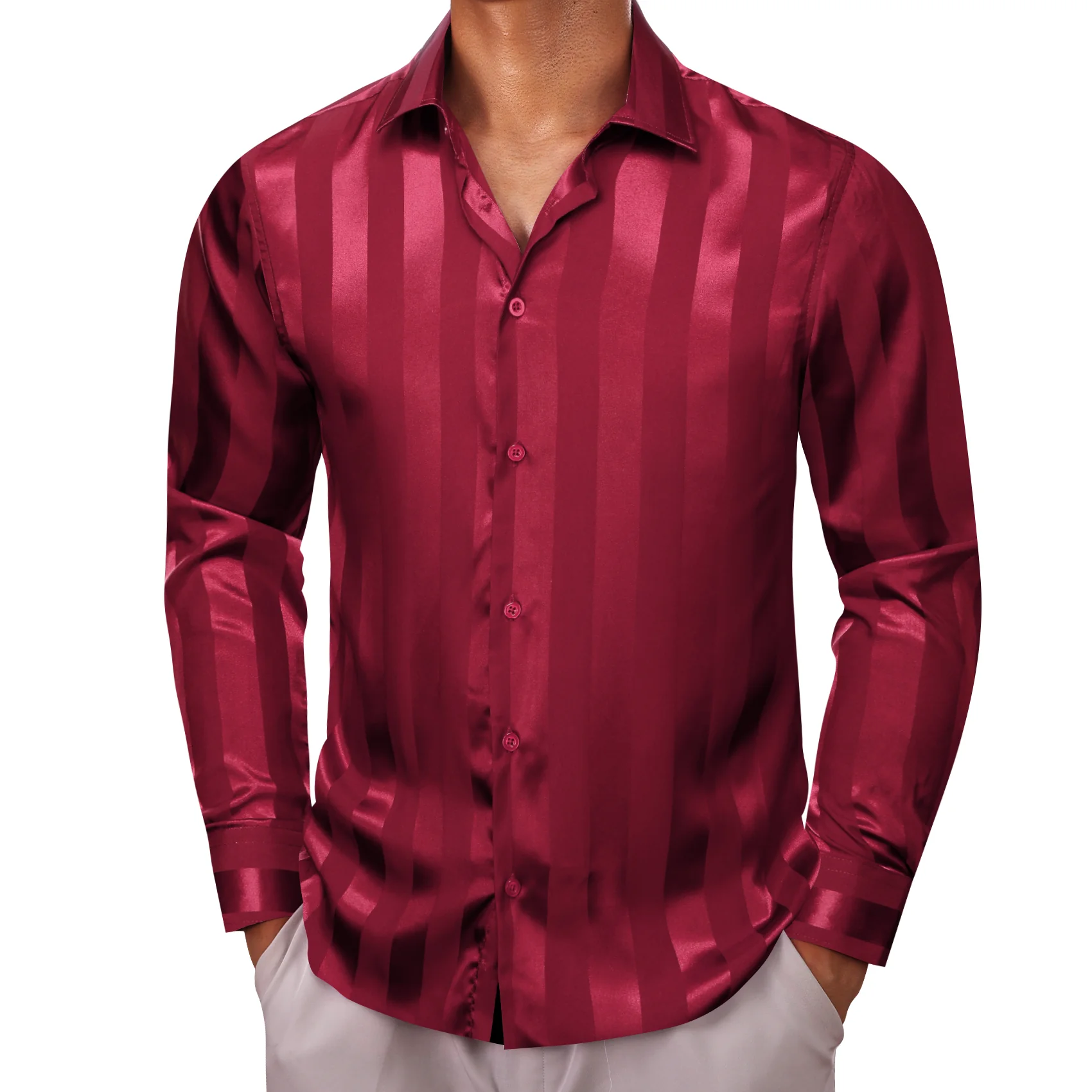 Red Striped Shiny Satin Men's Long Sleeve Shirt