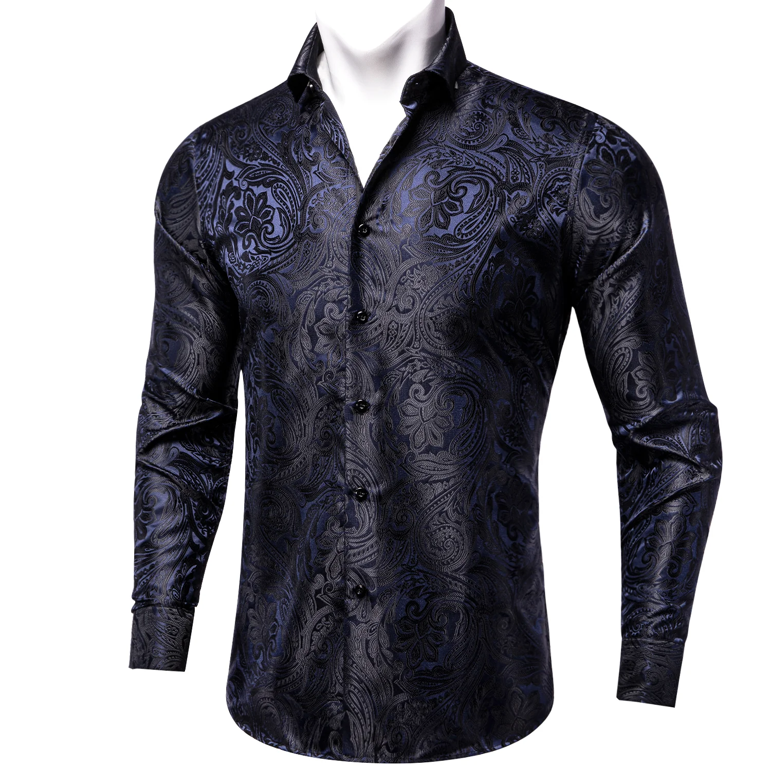 Dark Blue Paisley Silk Men's Long Sleeve Shirt