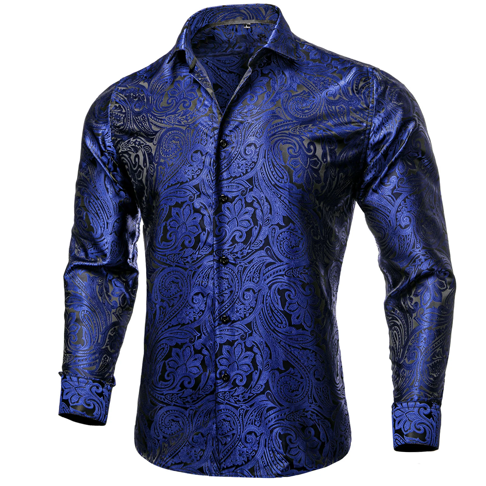 New Royal Blue Black Paisley Silk Men's Long Sleeve Shirt