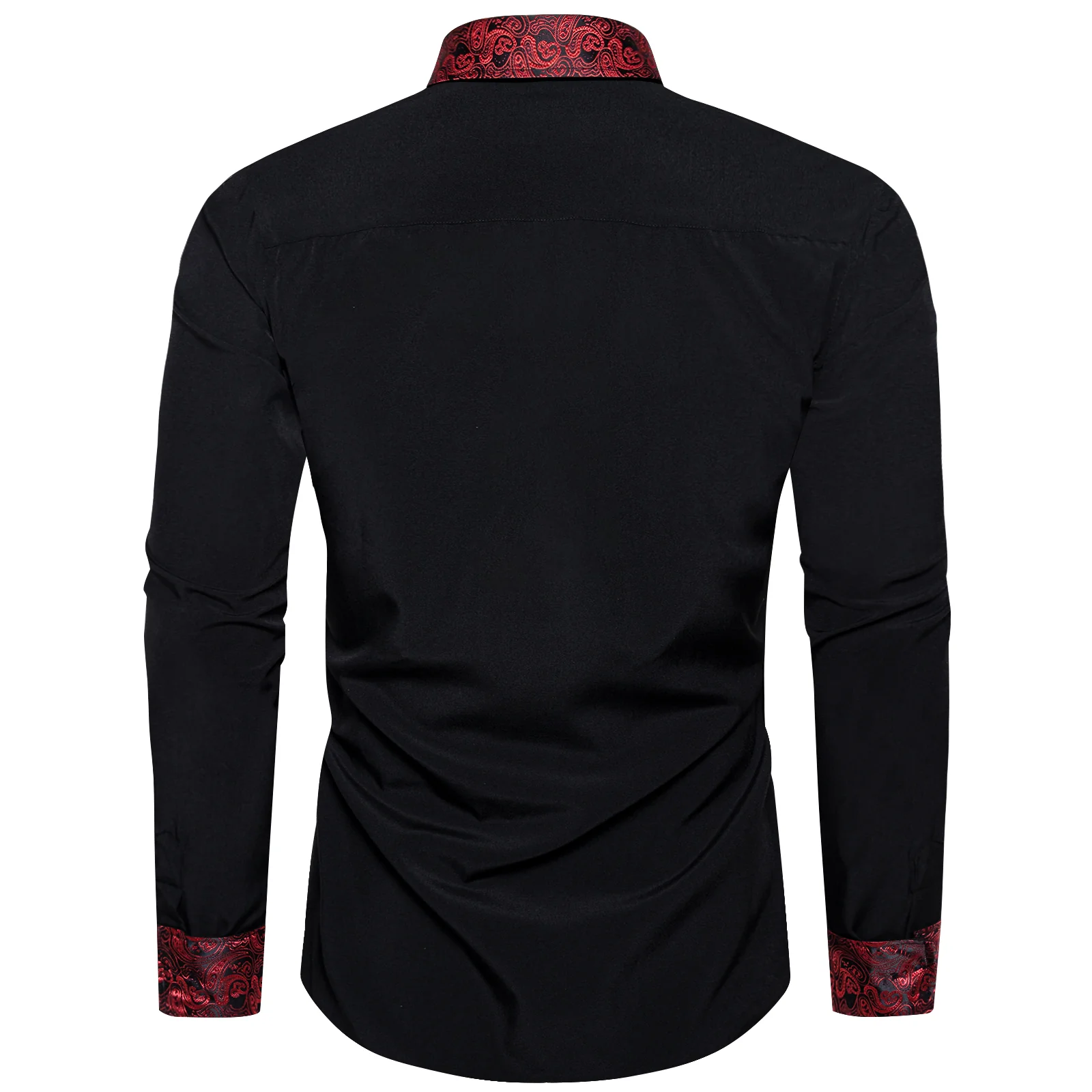 Splicing Style Black with Red Paisley Edge Men's Solid Long Sleeve Shirt