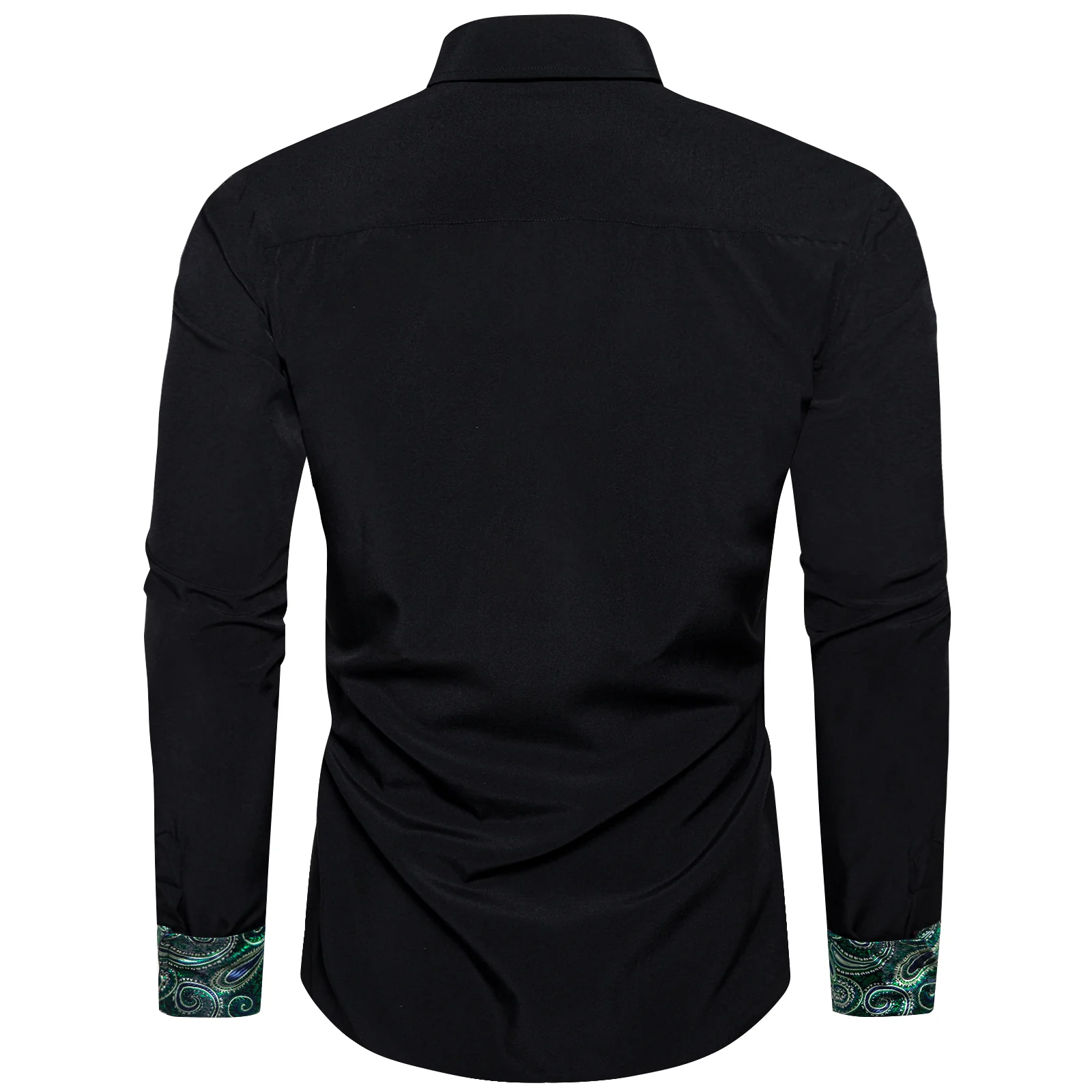 Splicing Style Black with Green Paisley Edge Men's Solid Long Sleeve Shirt