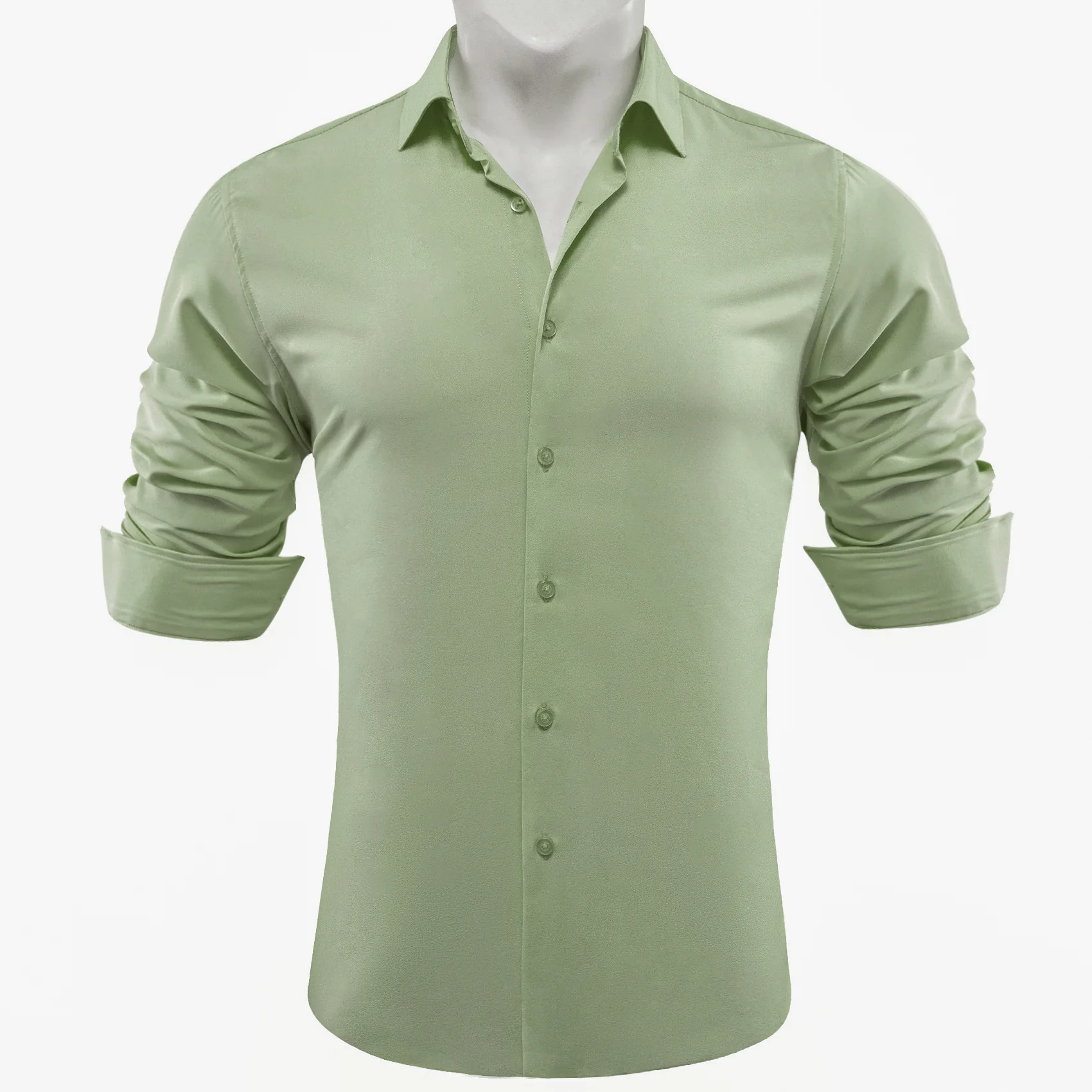 Avocado Green Solid Silk Men's Long Sleeve Shirt