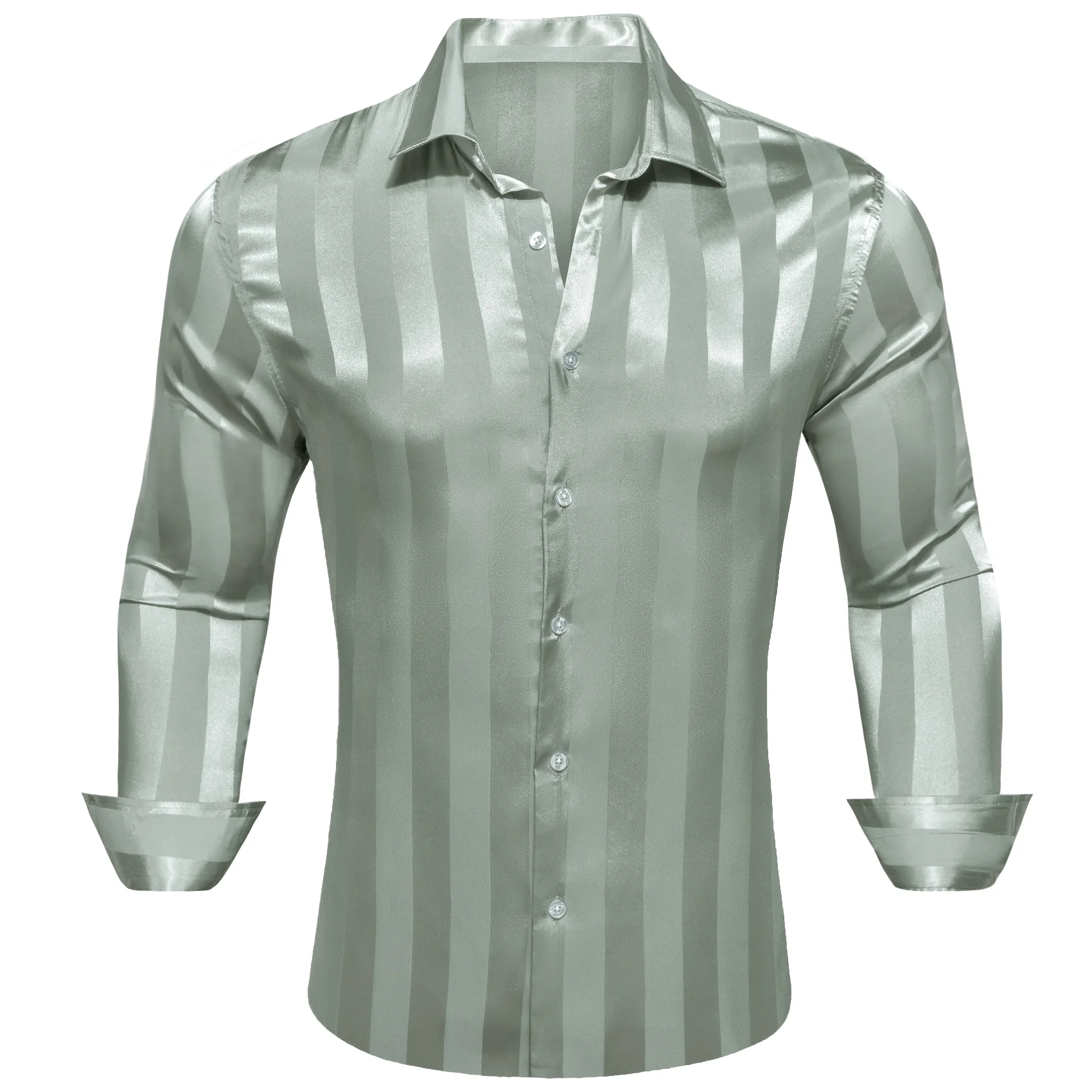 Bean Green Striped Shiny Satin Men's Long Sleeve Shirt