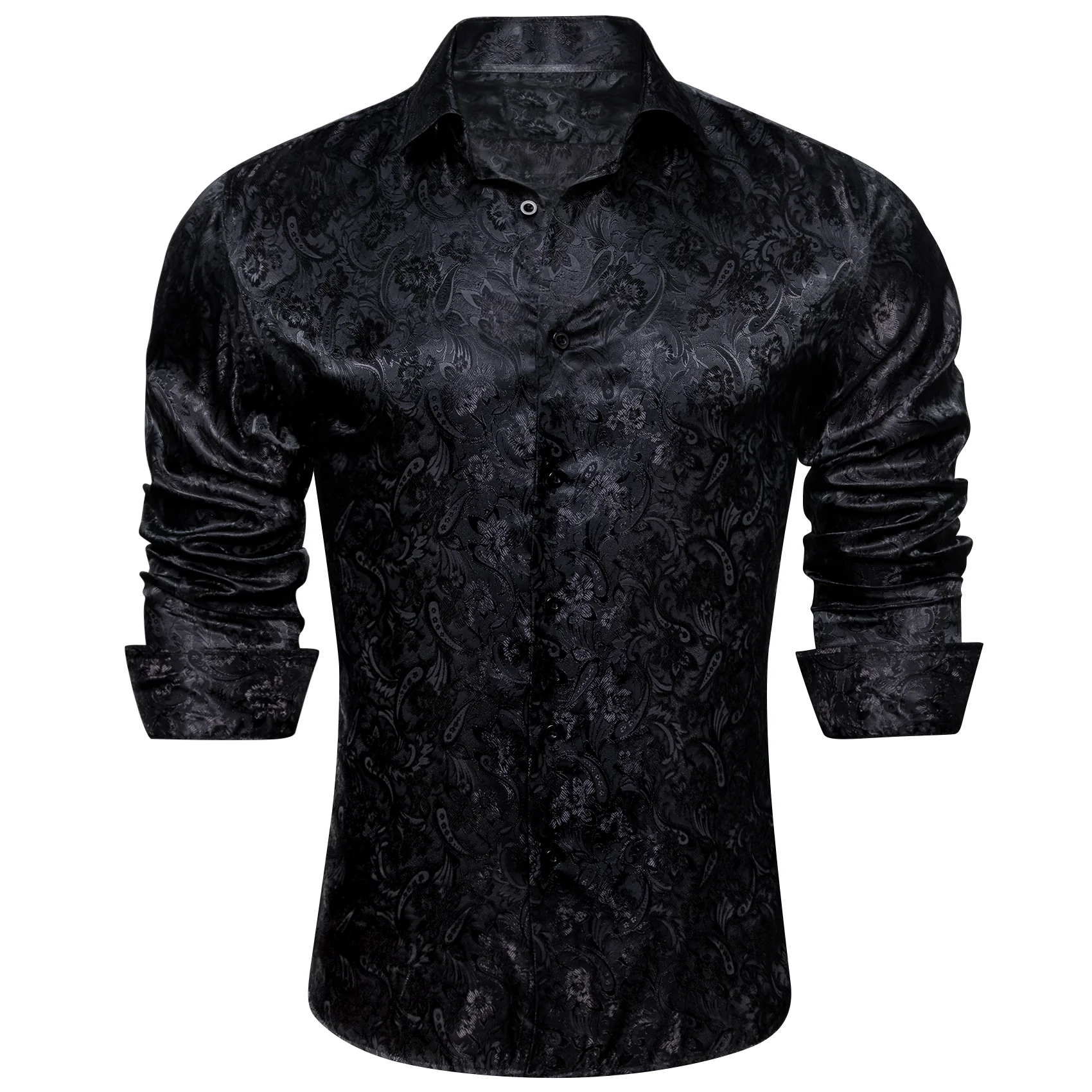 Black Floral Silk Men Long Sleeve Shirt