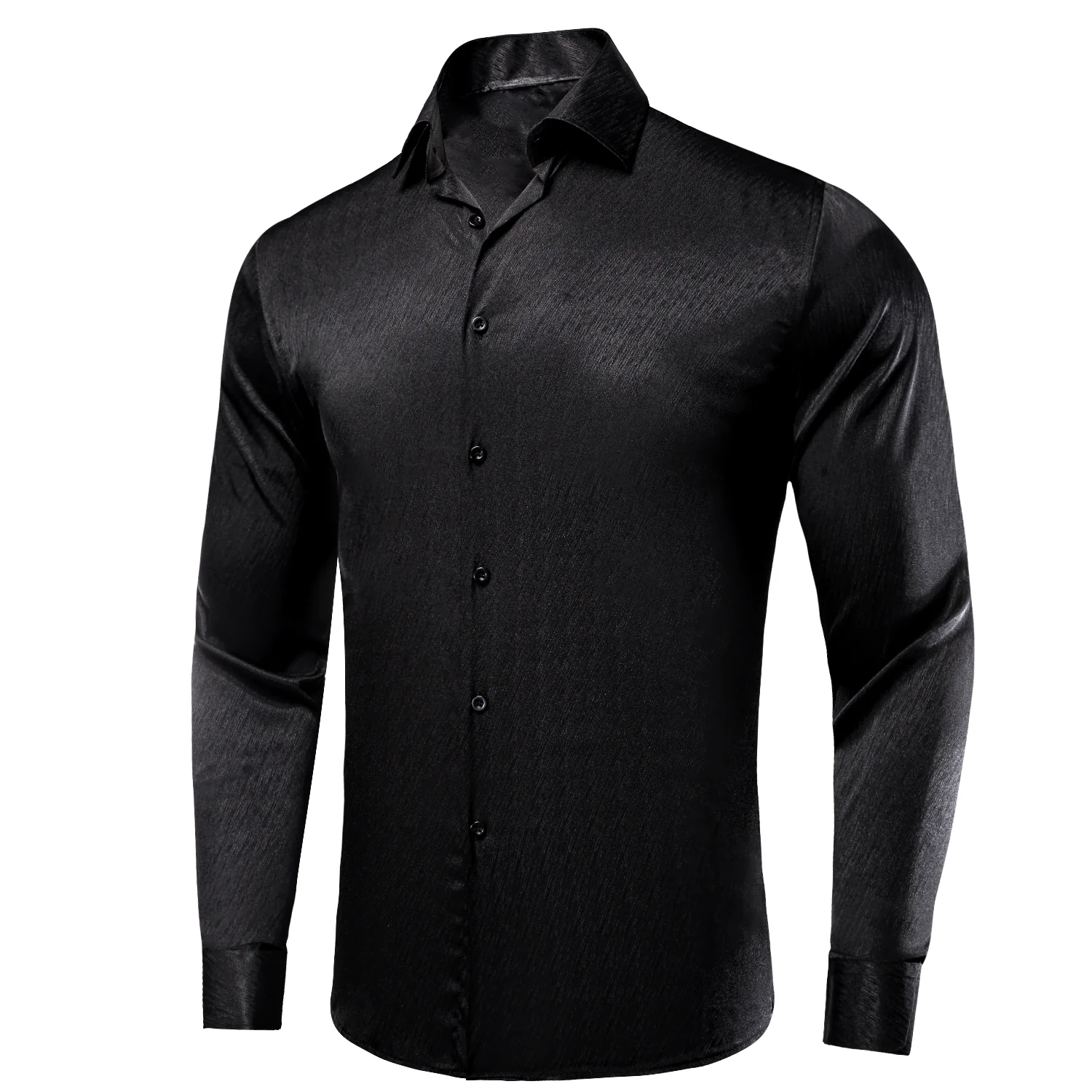 New Black Solid Silk Men's Long Sleeve Shirt