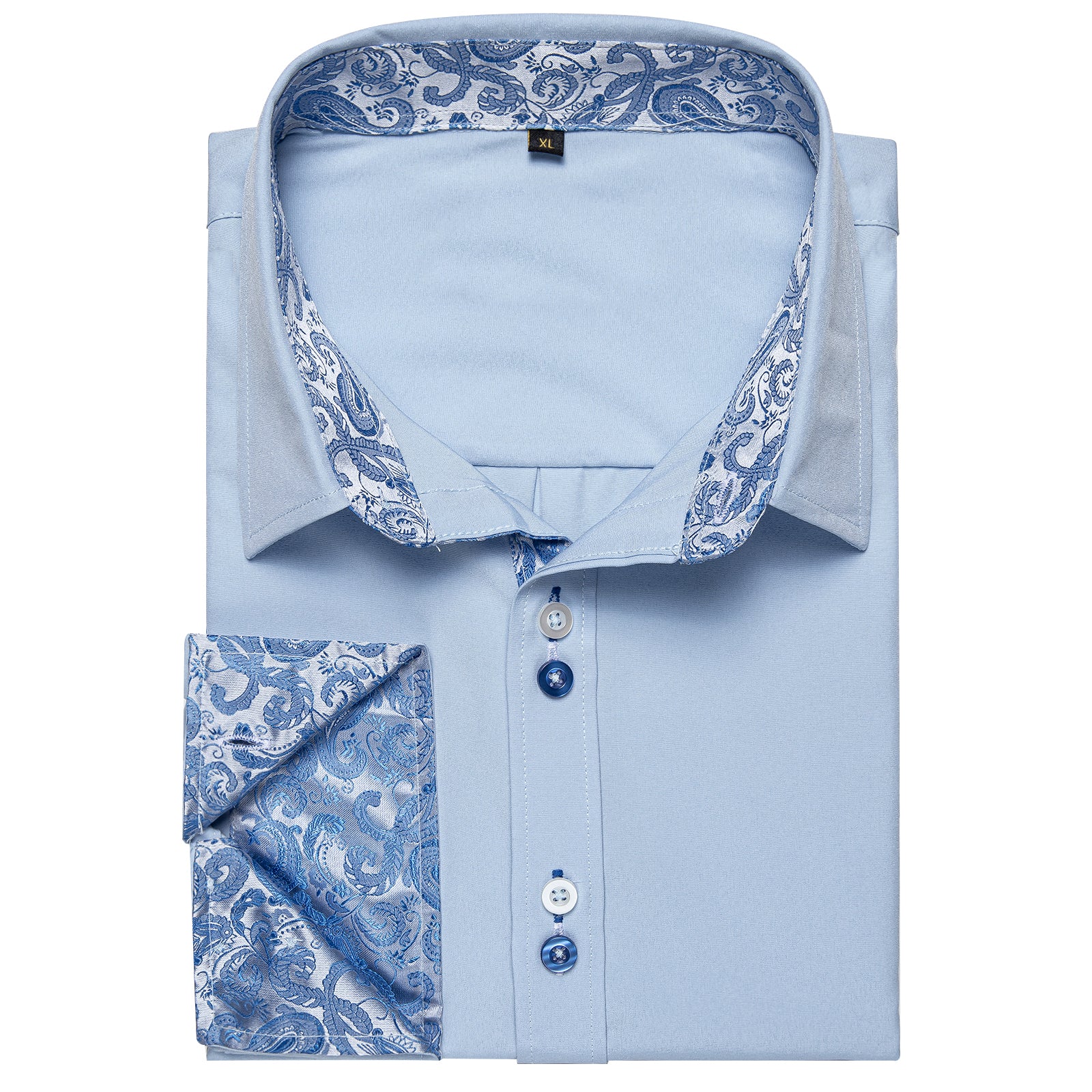 New Splicing Style Baby Blue with Blue Paisley Edge Men's Long Sleeve Shirt