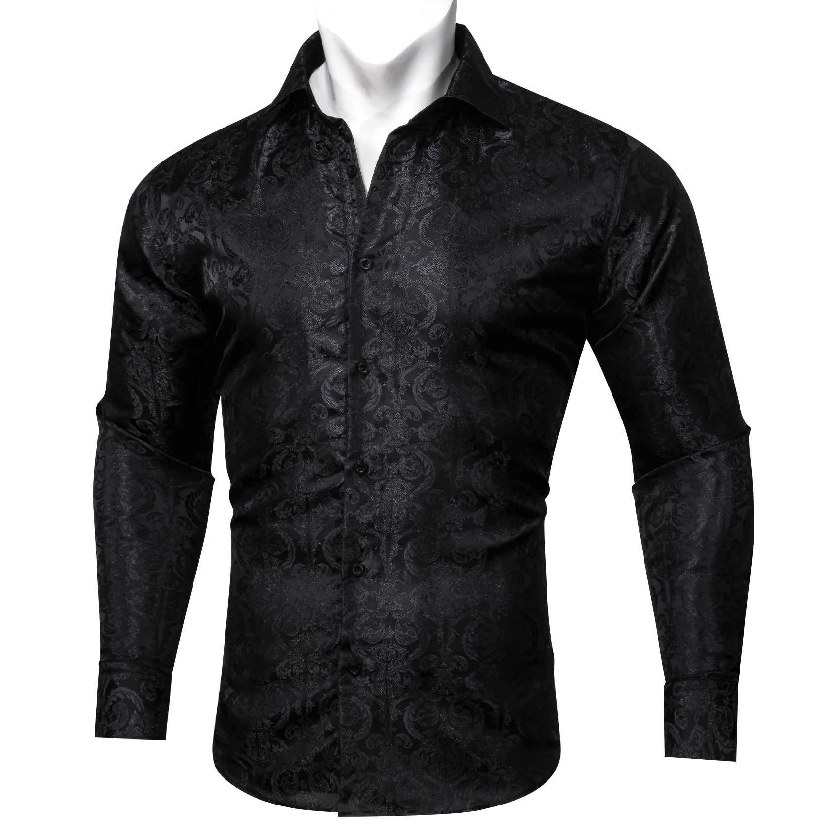 New Black Floral Pattern Silk Men's Long Sleeve Shirt