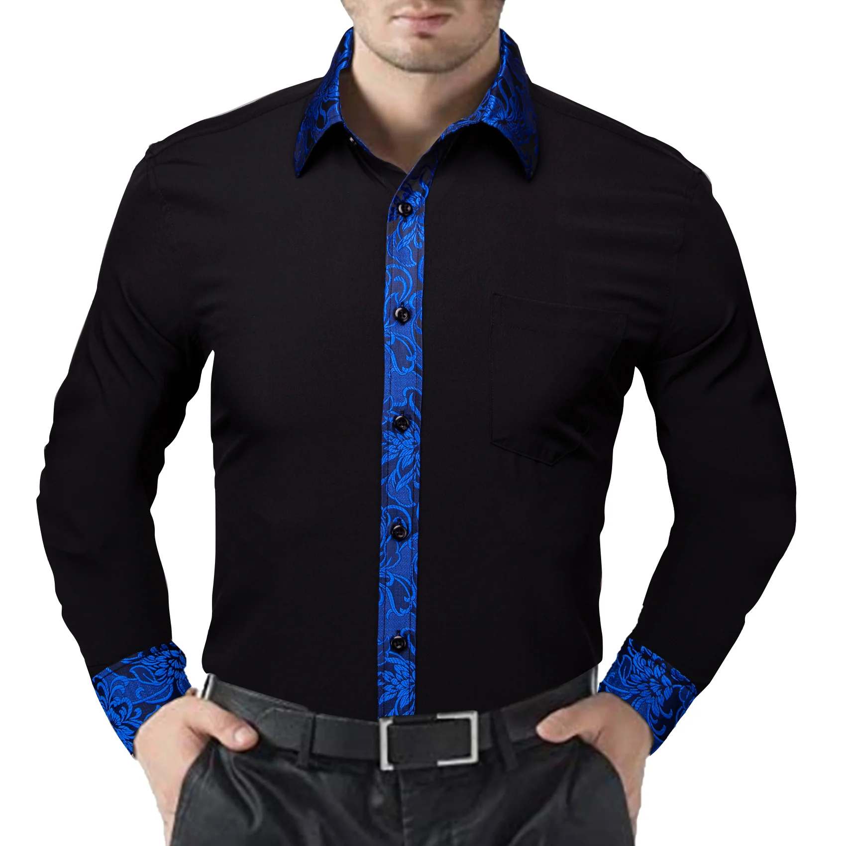 Splicing Style Black with Klein Blue Flower Edge Men's Long Sleeve Shirt