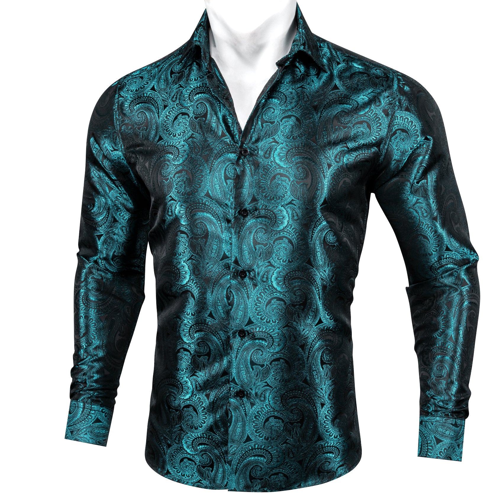 New Luxury Blue Paisley Pattern Silk Men's Long Sleeve Shirt