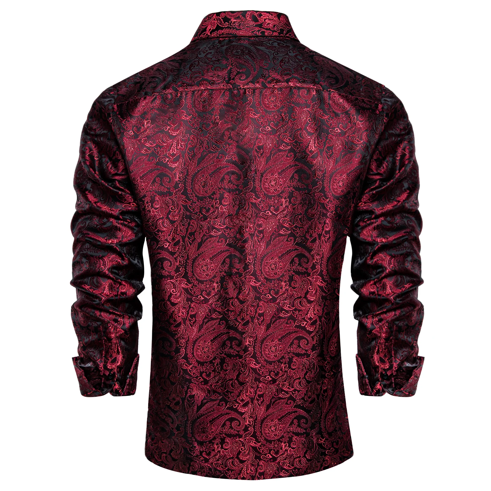 Dark Red Paisley Pattern Silk Men's Long Sleeve Shirt