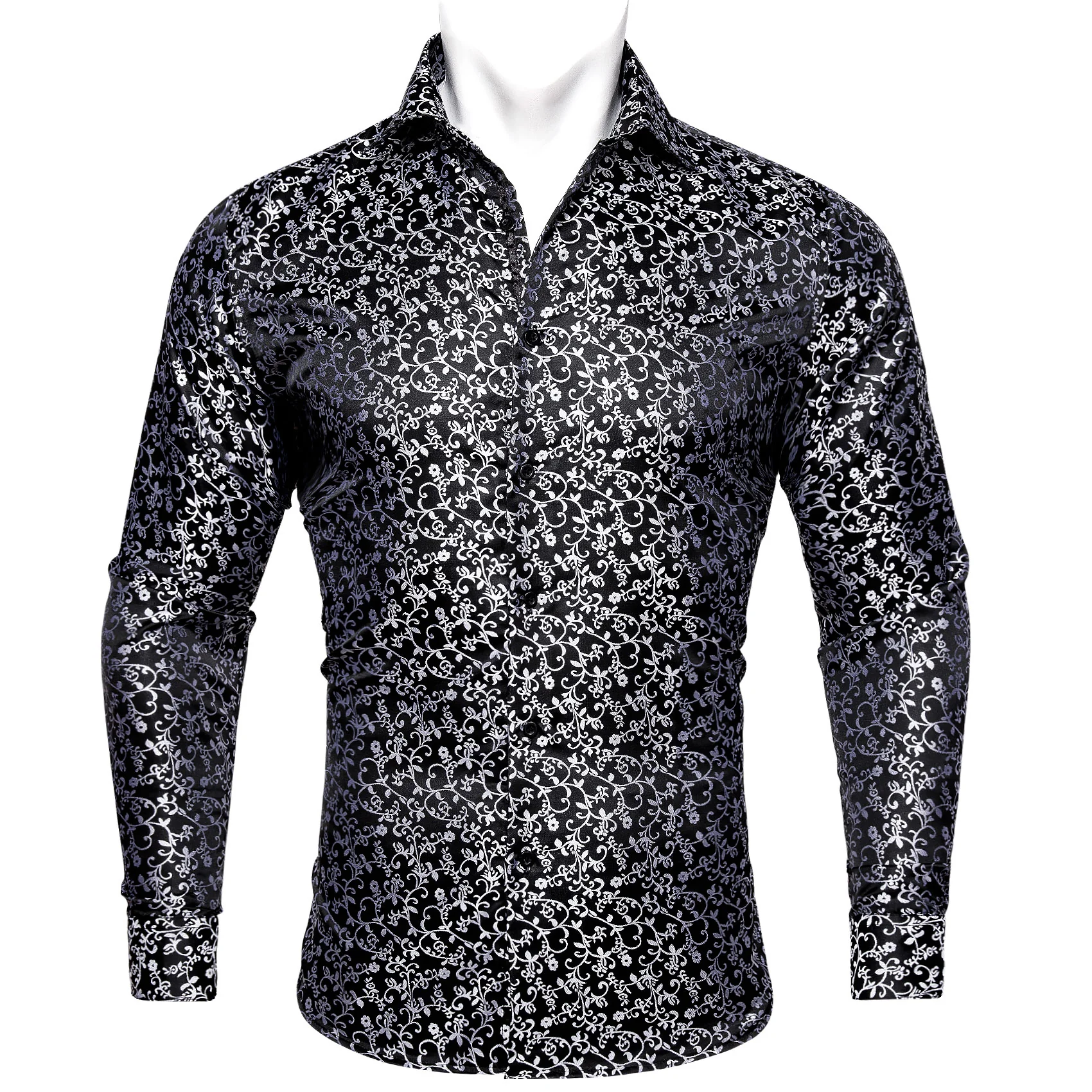 Black White Floral Style Silk Men's Long Sleeve Shirt