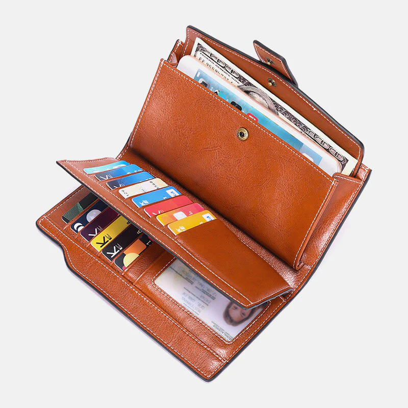 Genuine Leather RFID Anti Theft Oil Wax 6.3 Inch Phone Long Wallet Purse