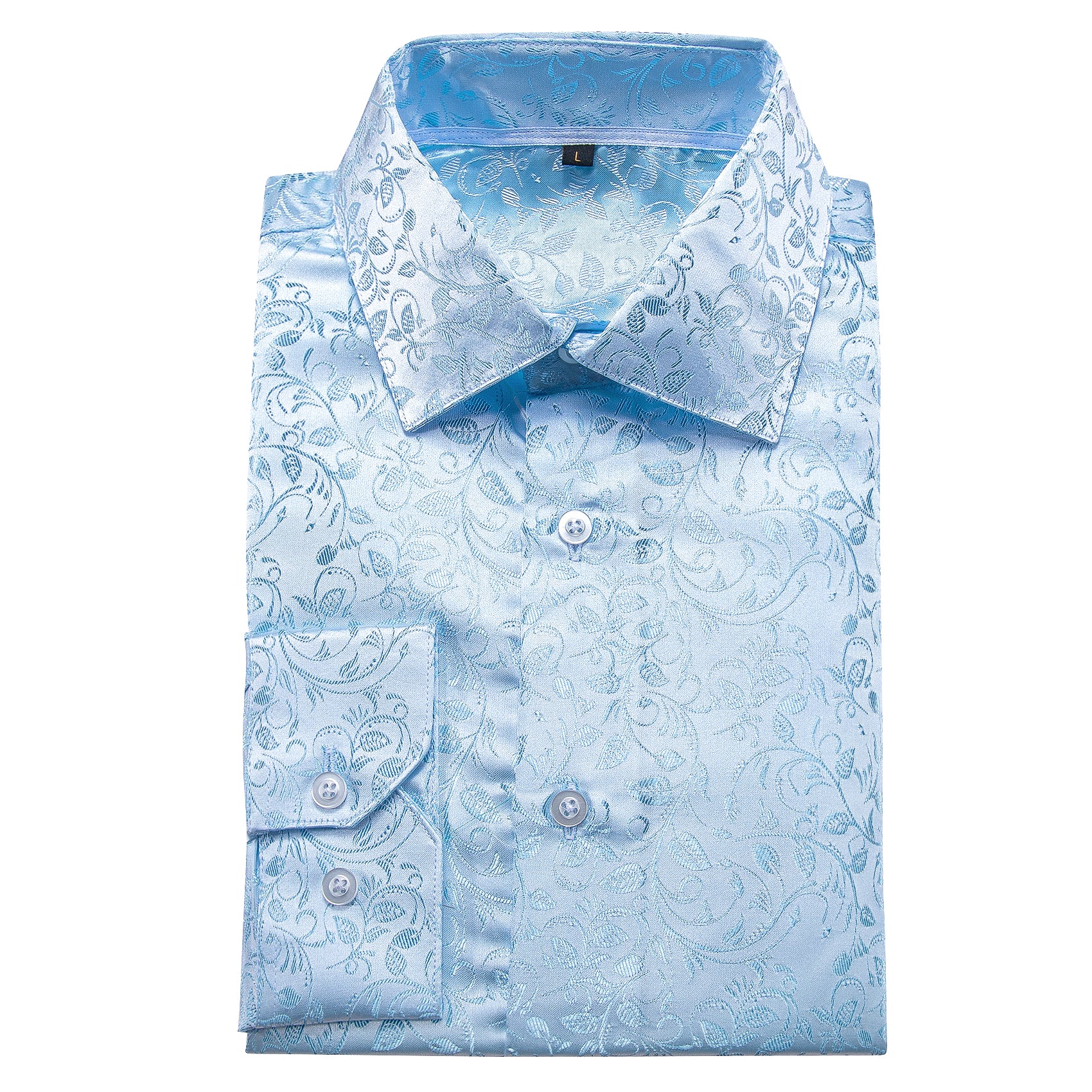 Baby Blue Floral Pattern Silk Men's Long Sleeve Shirt