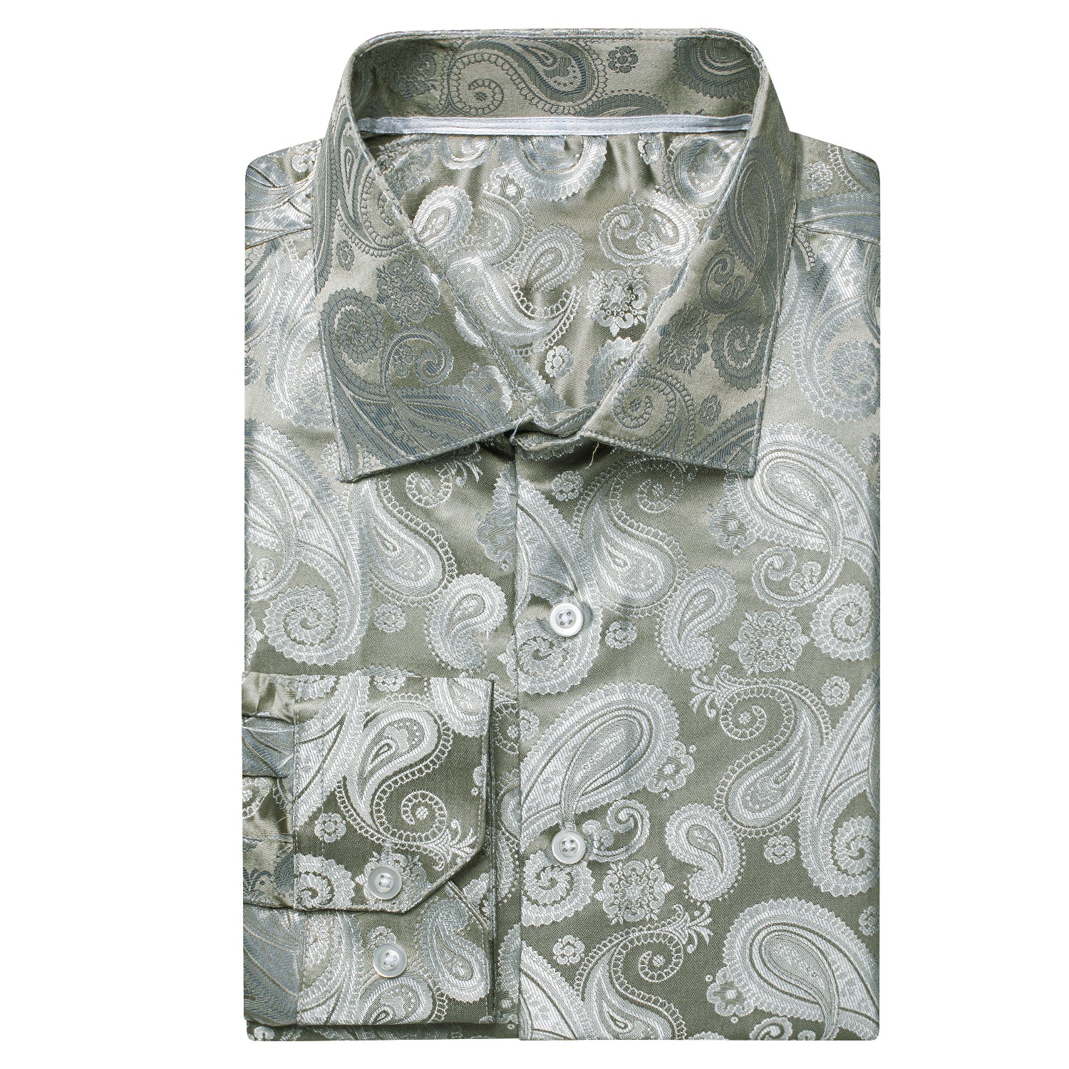 Light Sliver Olive Green Paisley Silk Men's Long Sleeve Shirt