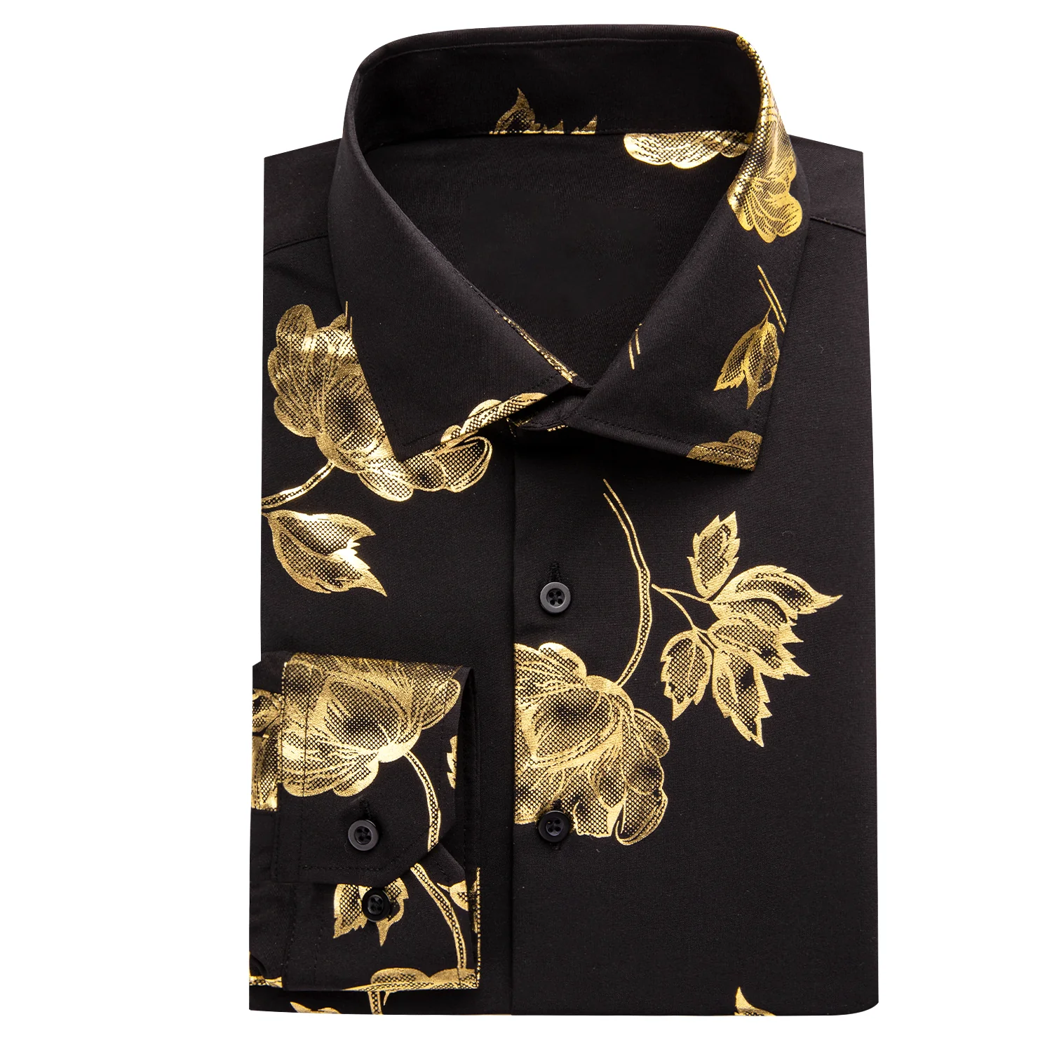 Black Golden Floral Silk Men Long Sleeve Shirt