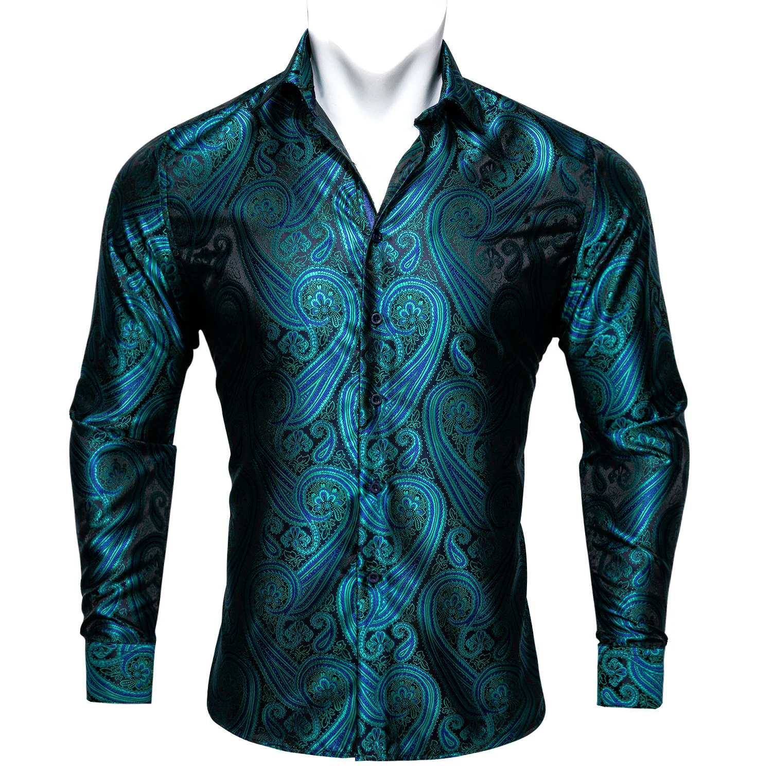 New Green Black Paisley Style Silk Men's Long Sleeve Shirt