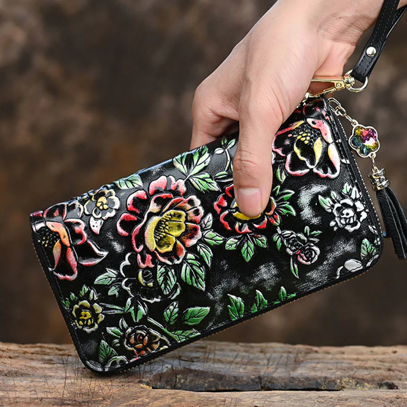 Wallet For Women Genuine Leather Retro Printing Large Capacity Purse