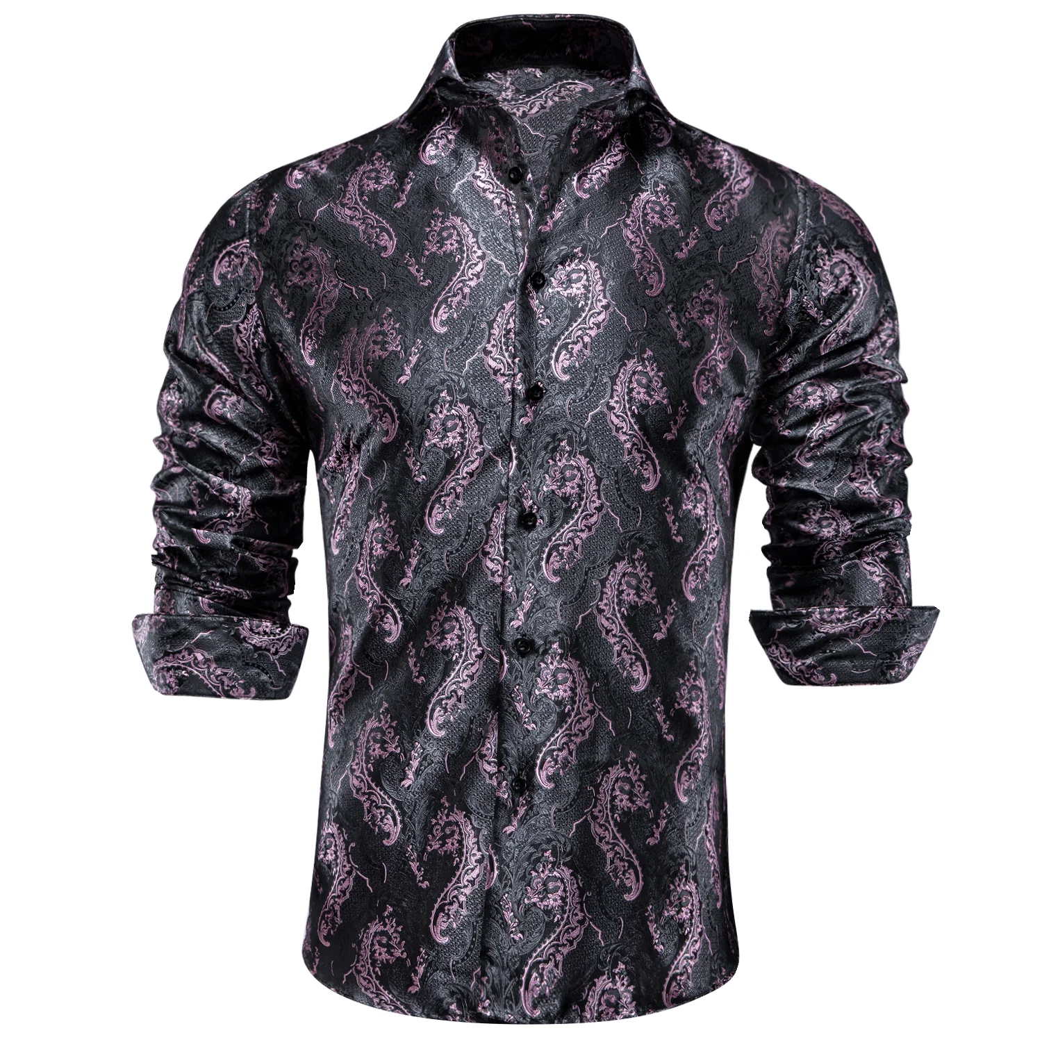 Grey Pink Paisley Pattern Silk Men's Long Sleeve Shirt