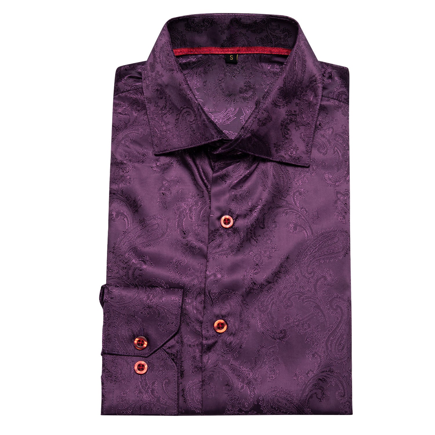 Shiny Deep Purple Paisley Pattern Silk Men's Long Sleeve Shirt