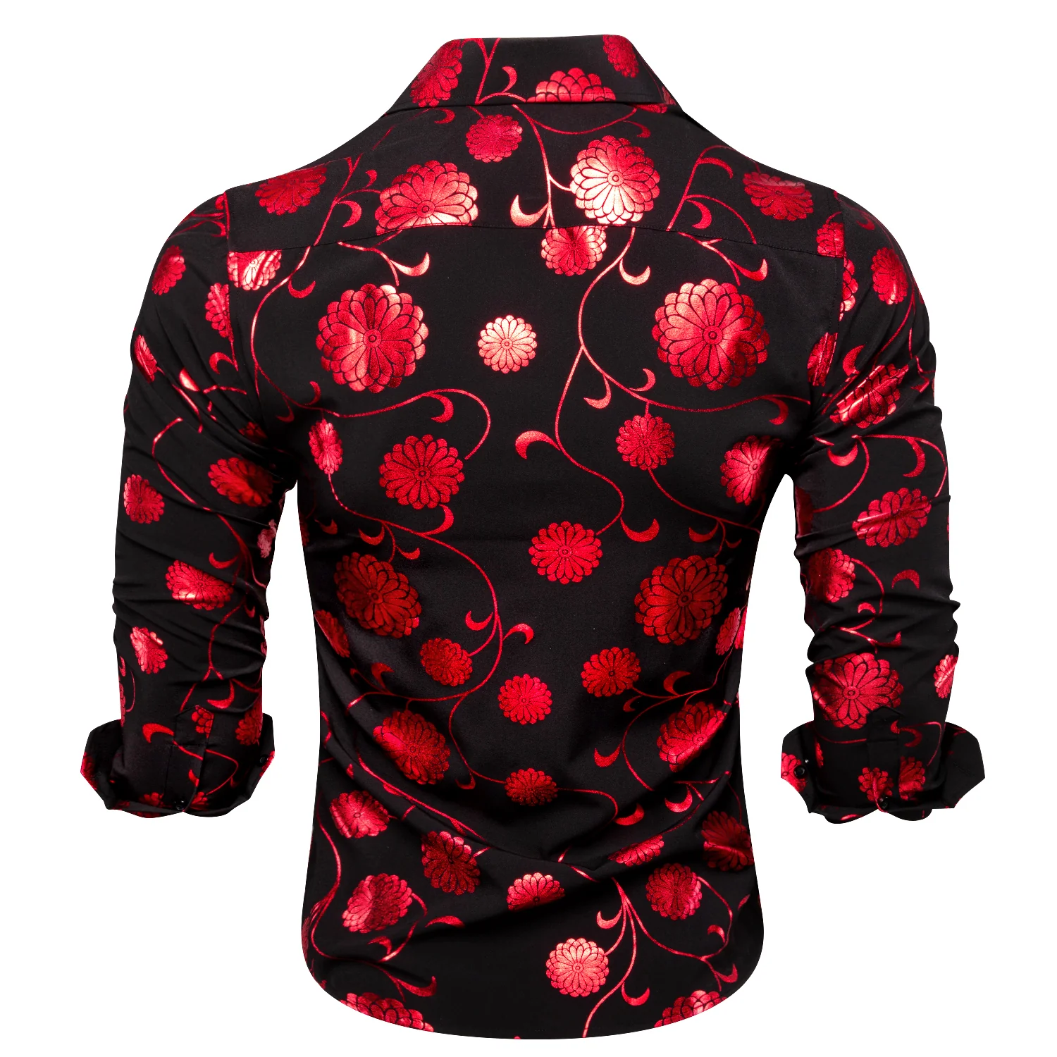 Black with Red Floral Pattern Silk Men's Long Sleeve Shirt