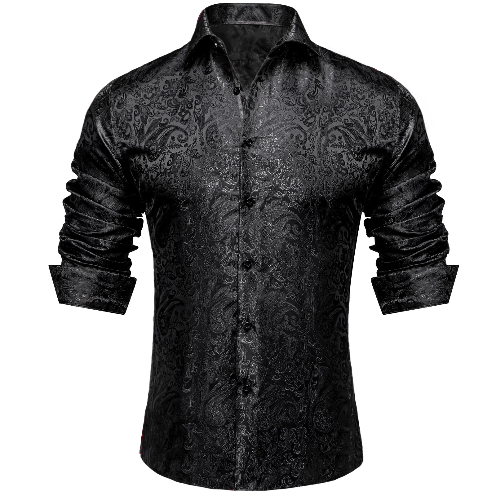 Black Paisley Pattern Silk Men's Long Sleeve Shirt