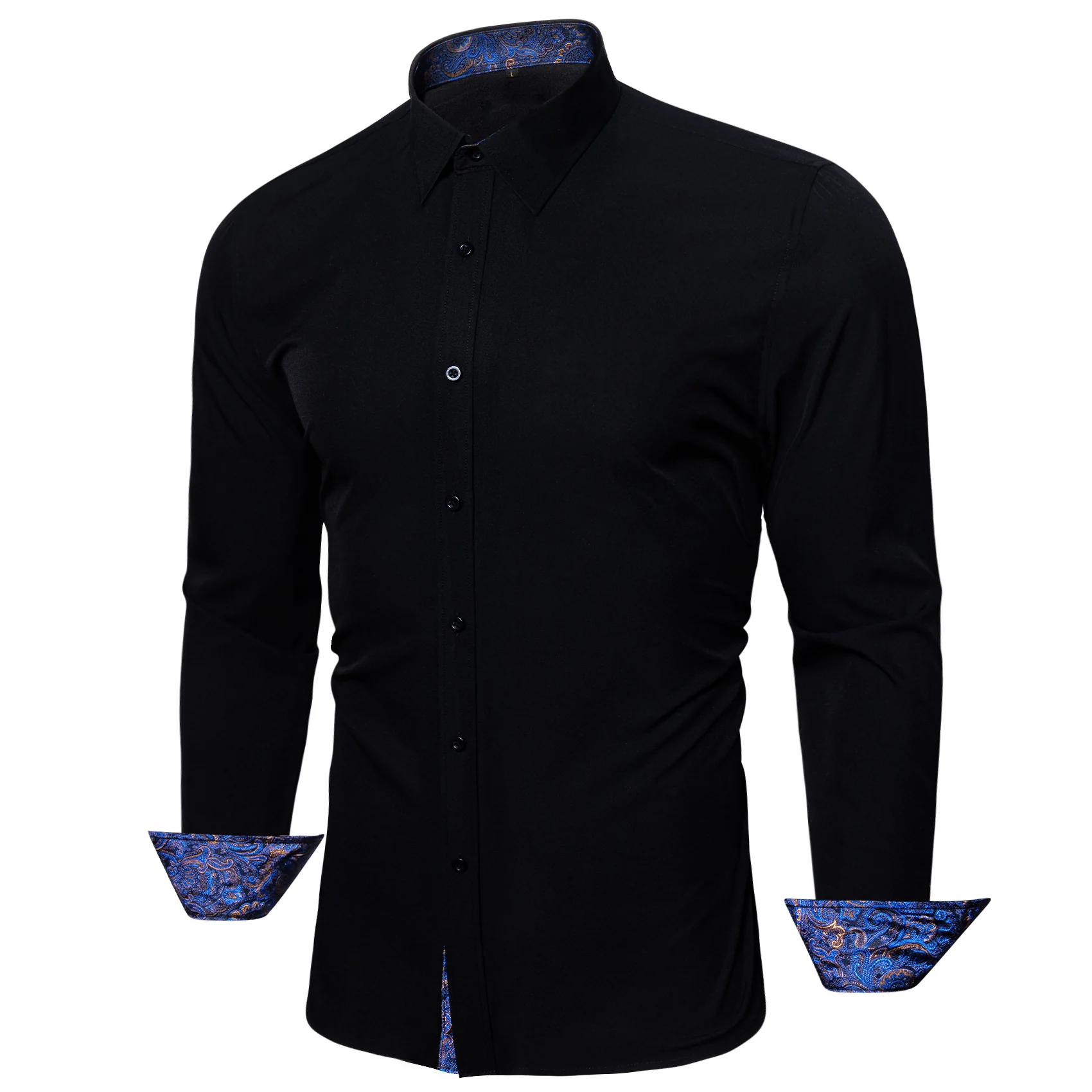 New Splicing Style Black with Blue Paisley Edge Men's Long Sleeve Shirt