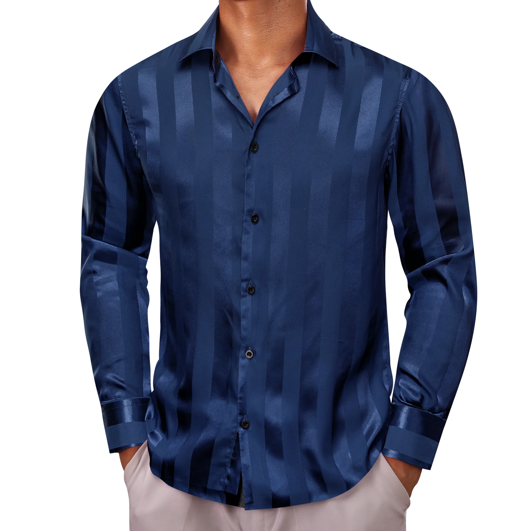 Navy Blue Striped Shiny Satin Men's Long Sleeve Shirt